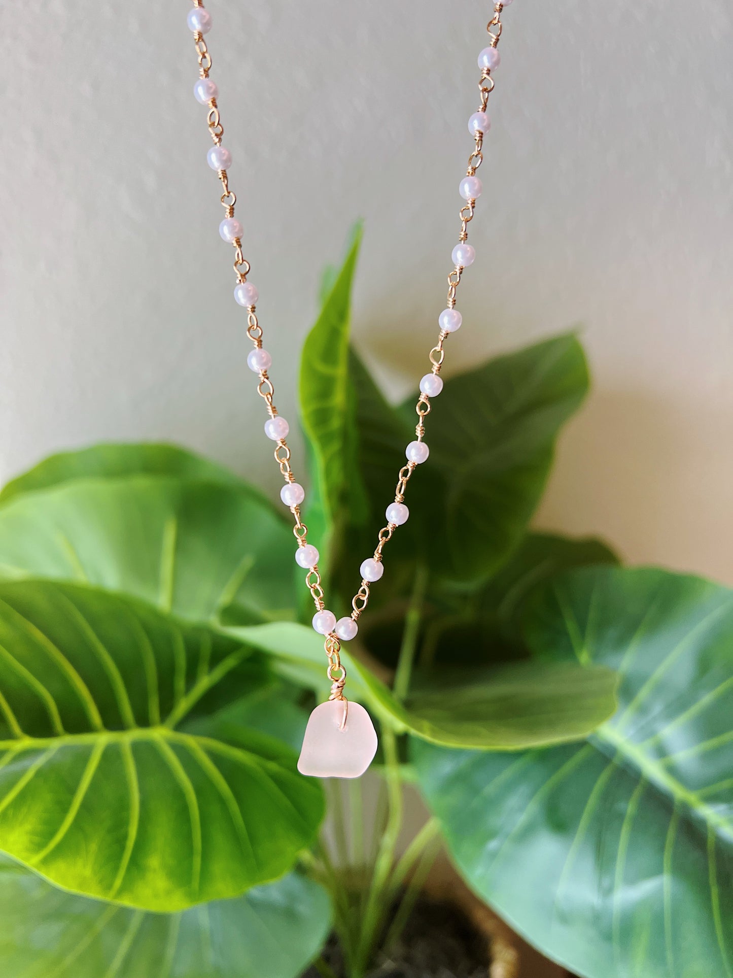 Light Pink Sea Glass w/ Gold Pearl Necklace