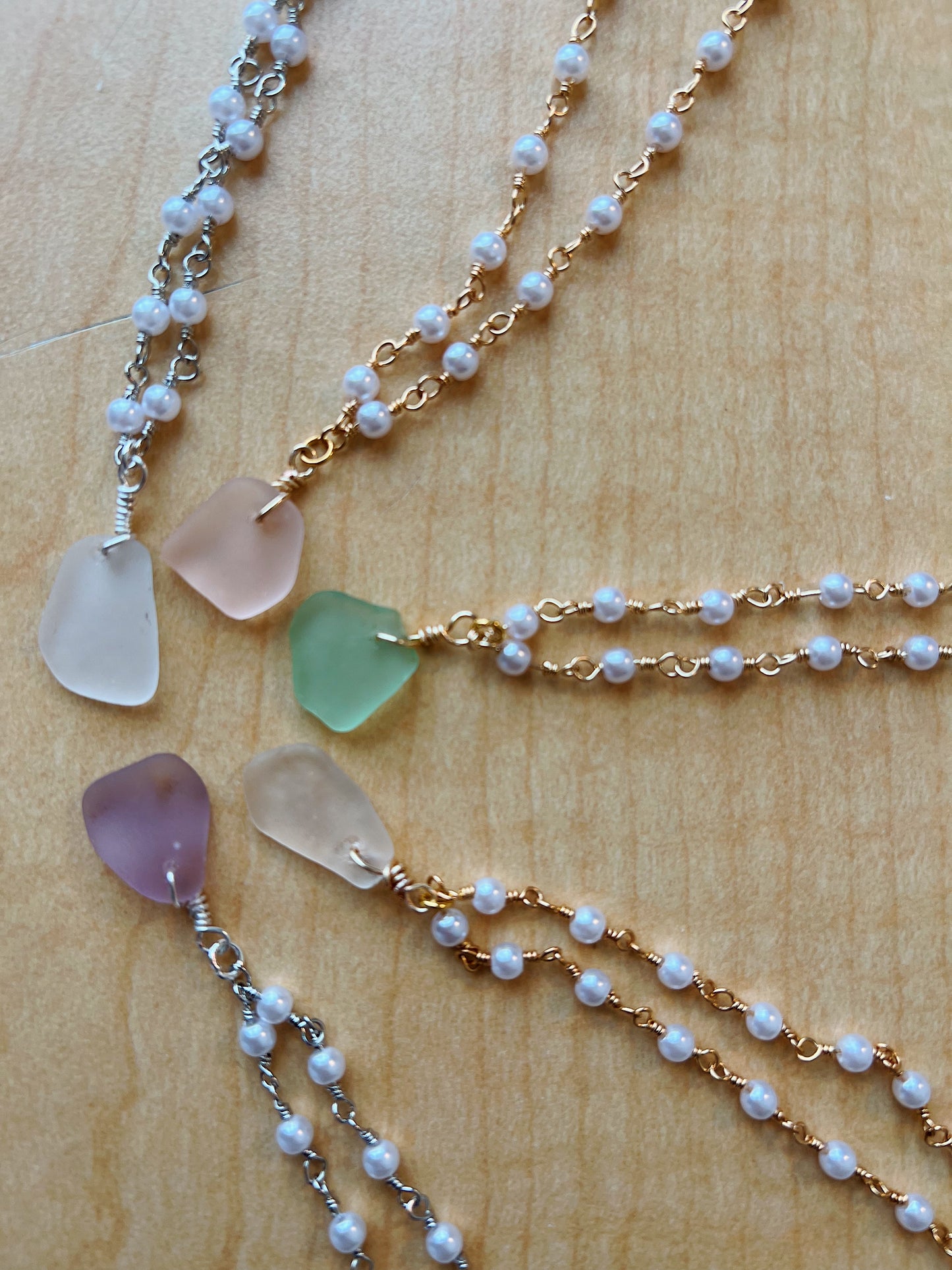 Light Pink Sea Glass w/ Gold Pearl Necklace