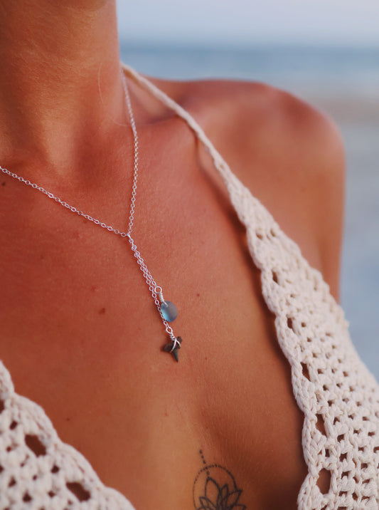 Sterling Silver Shark Tooth & Light Blue Sea Glass Drop Necklace