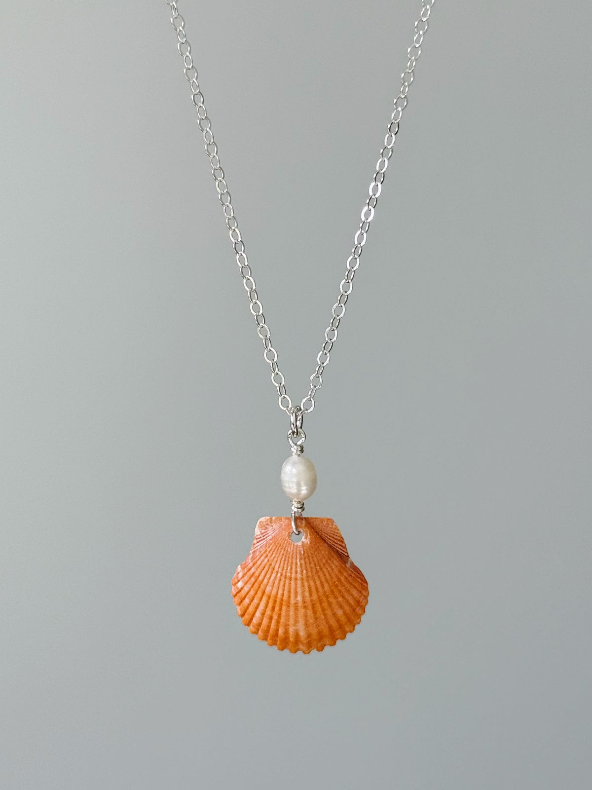Sterling Silver Burnt Orange Scallop Shell Pearl Necklace
