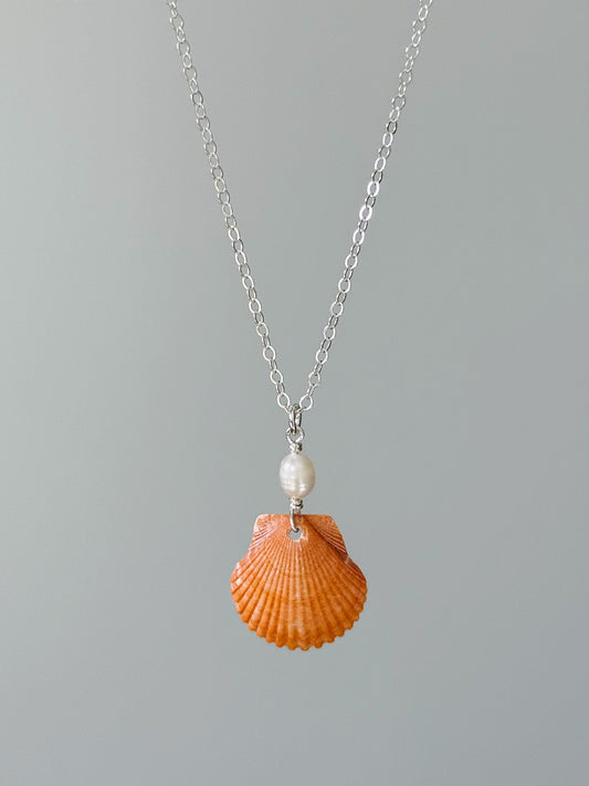 Sterling Silver Burnt Orange Scallop Shell Pearl Necklace