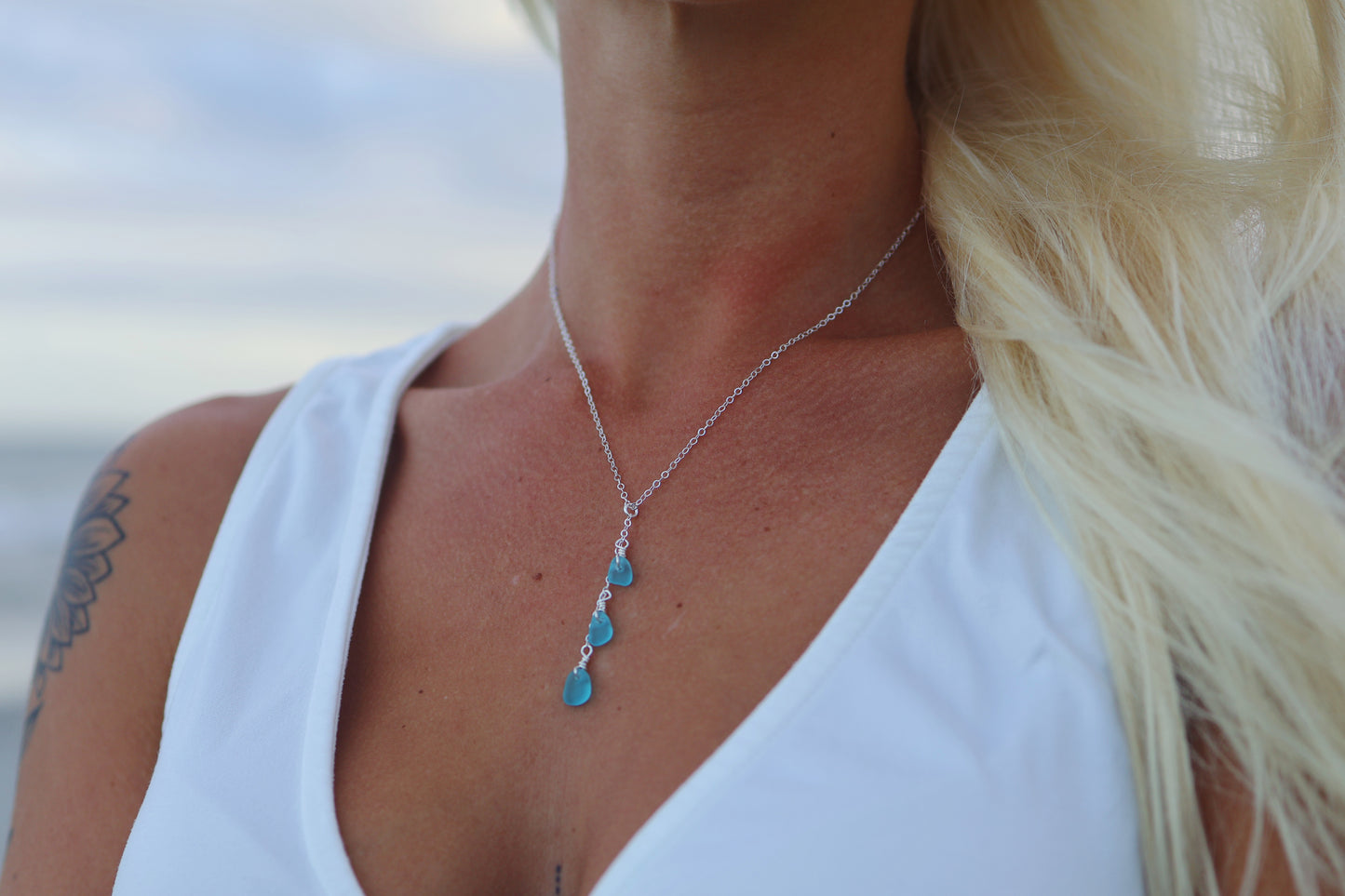 Sterling Silver Ocean Blue Sea Glass Drop Necklace