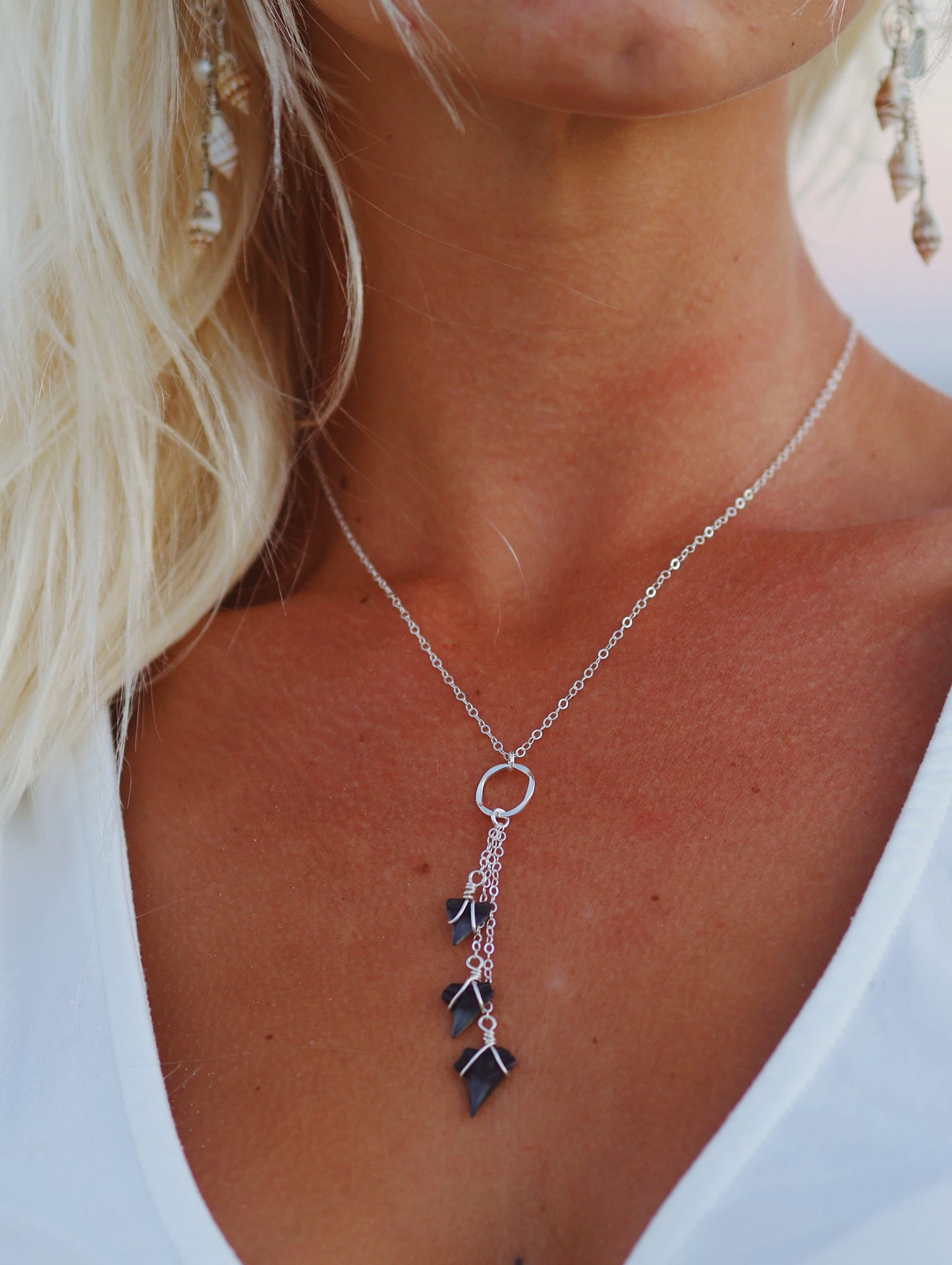 Sterling Silver Shark Tooth Triple Drop Necklace