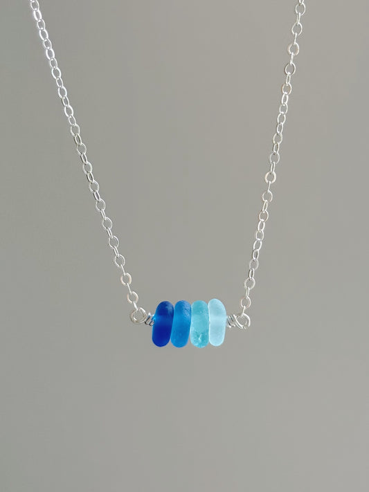 Sterling Silver Mix Blue Ombre Sea Glass Bar Necklace