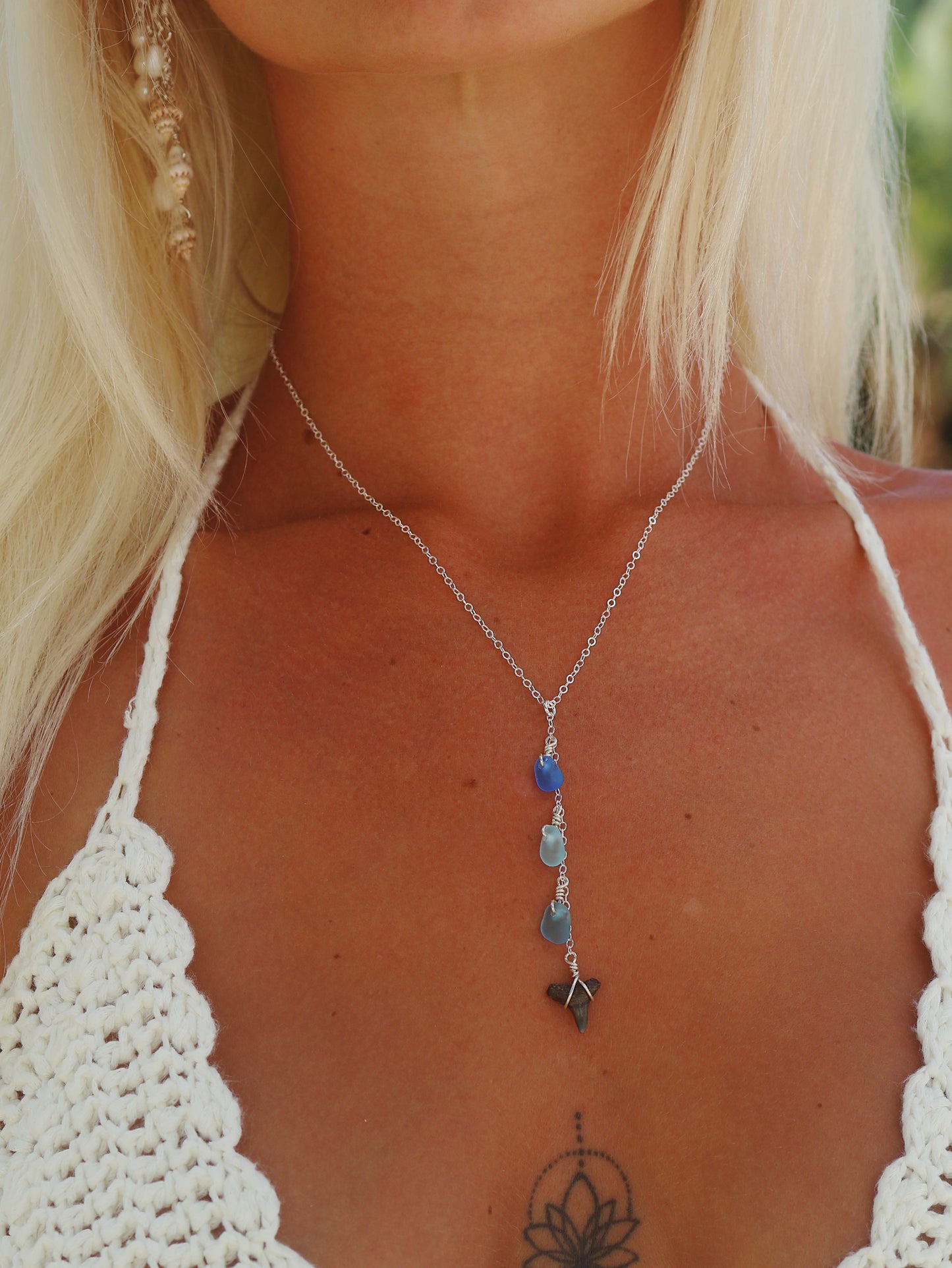 Sterling Silver Mix Blue Sea Glass & Shark Tooth Drop Necklace