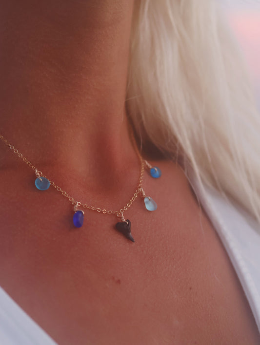 Gold Filled Shark Tooth & Mix Blue Sea Glass Multi Necklace