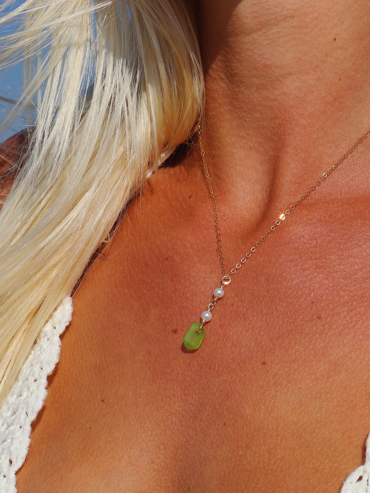 Gold Filled Neon Green Sea Glass & Freshwater Pearl Necklace