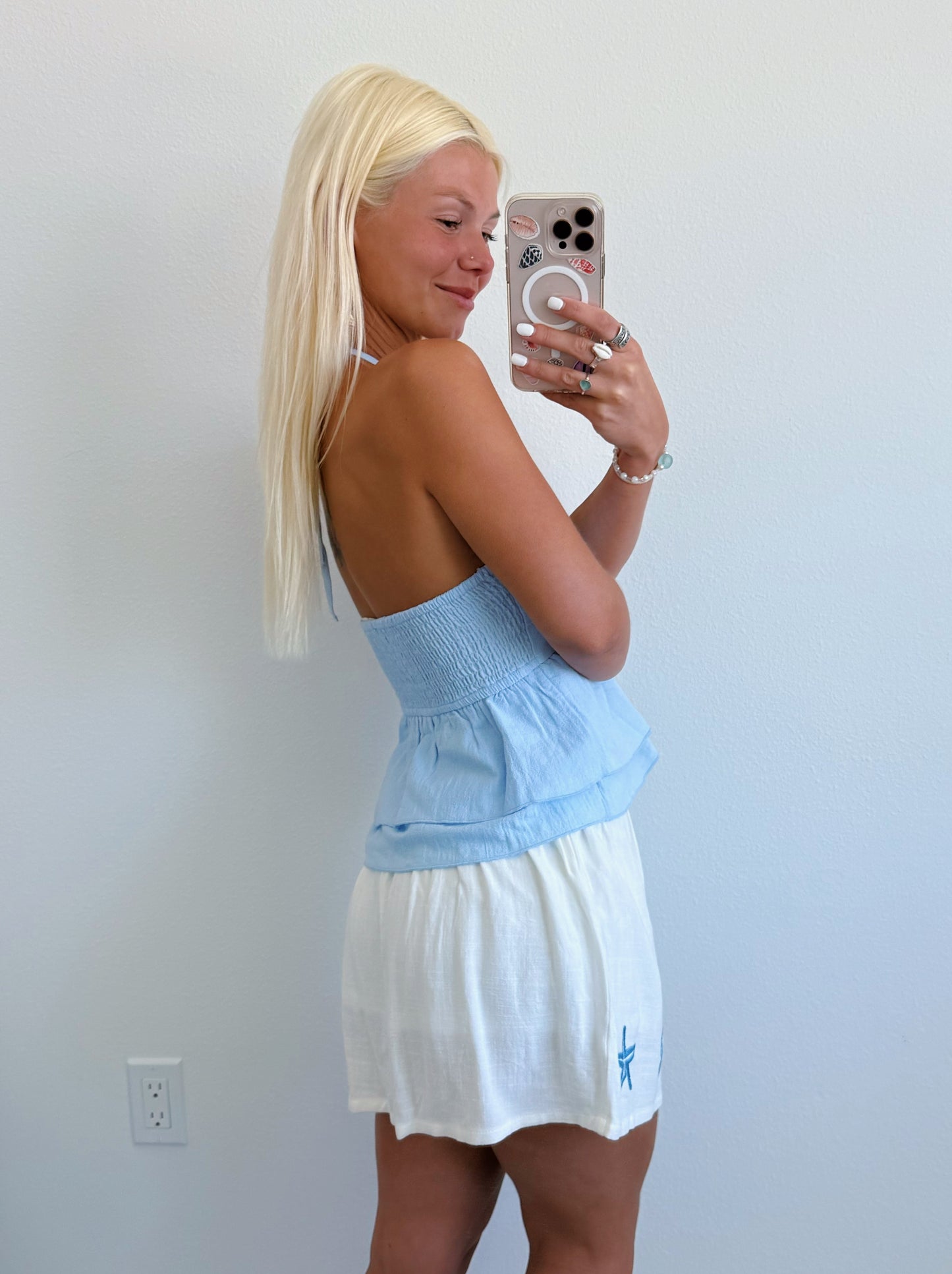 White Skort Blue Beach Embroidery