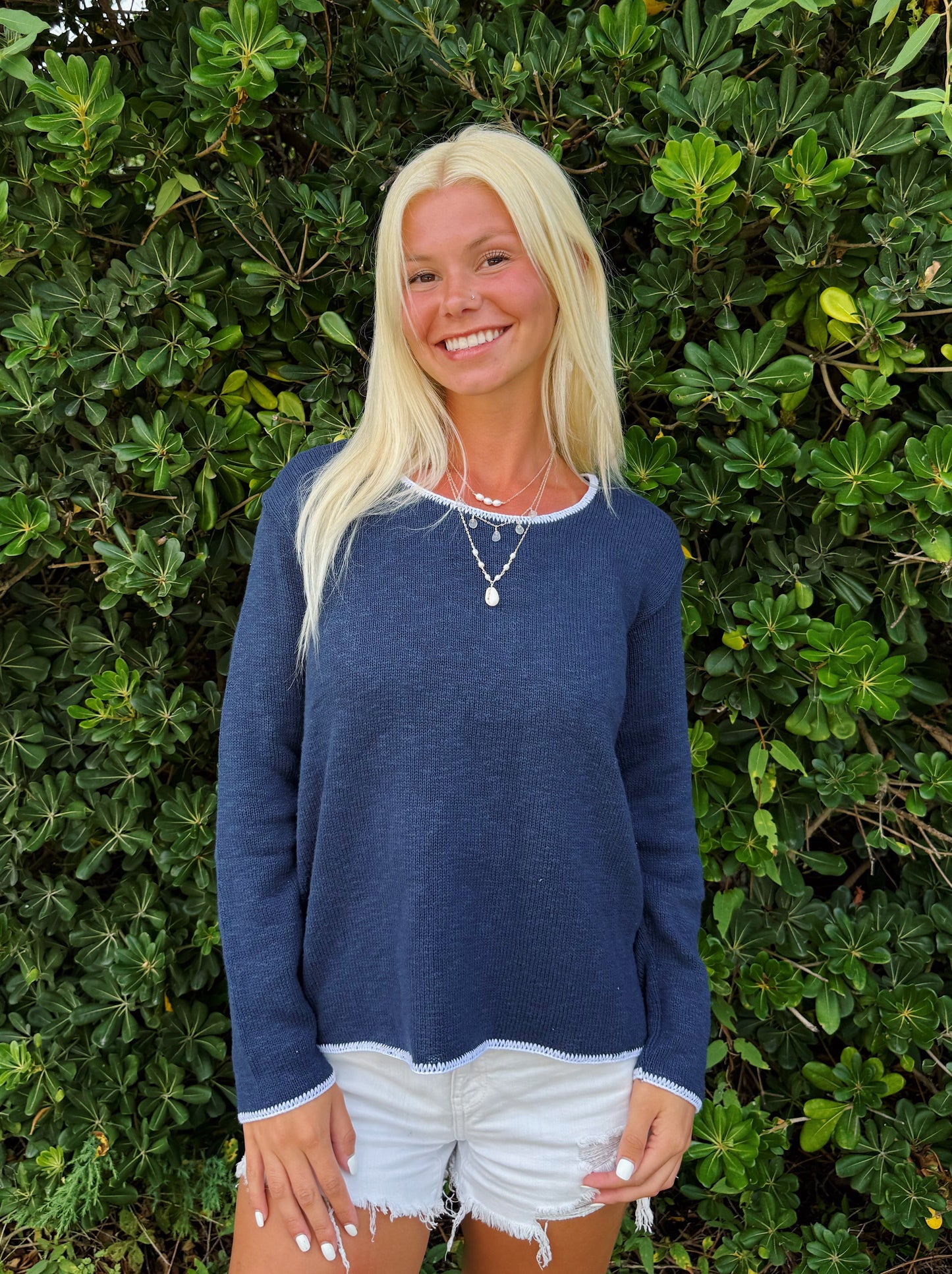 Navy with White Contrast Stitch Scoop Neck Sweater
