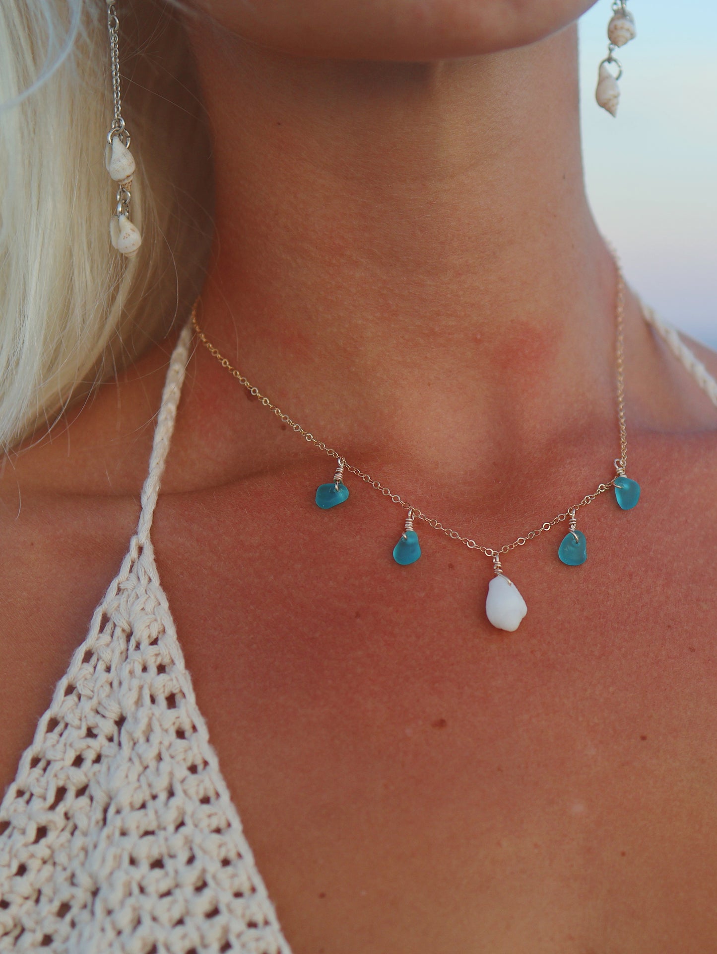 Gold Filled Teal Sea Glass & White Cone Shell Multi Necklace