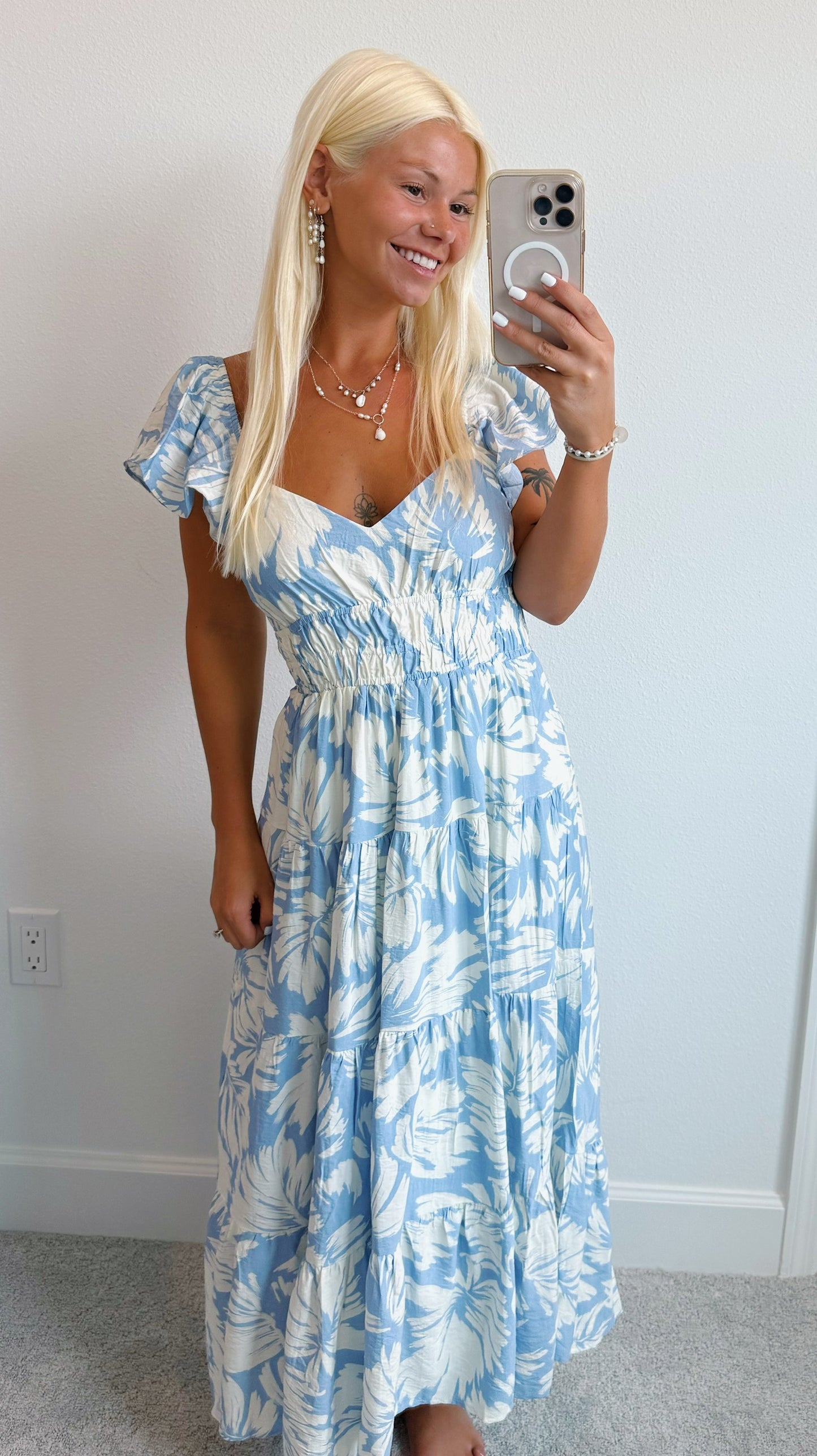 Periwinkle Tropical Leaf Ruffle Shoulder Midi Dress
