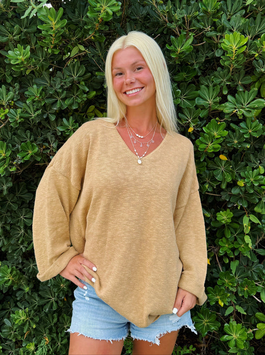 Camel V Neck Oversized Sweater