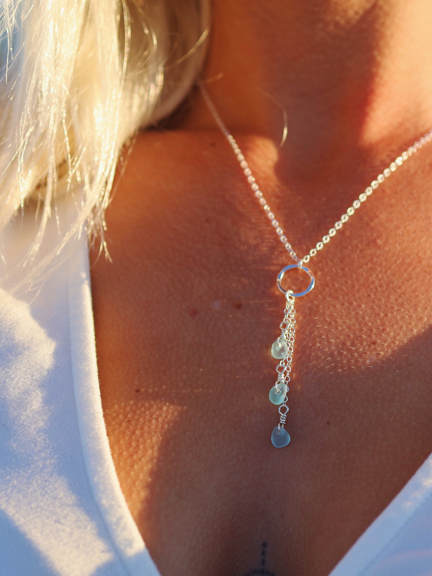 Sterling Silver Light Blue Sea Glass Triple Drop Necklace