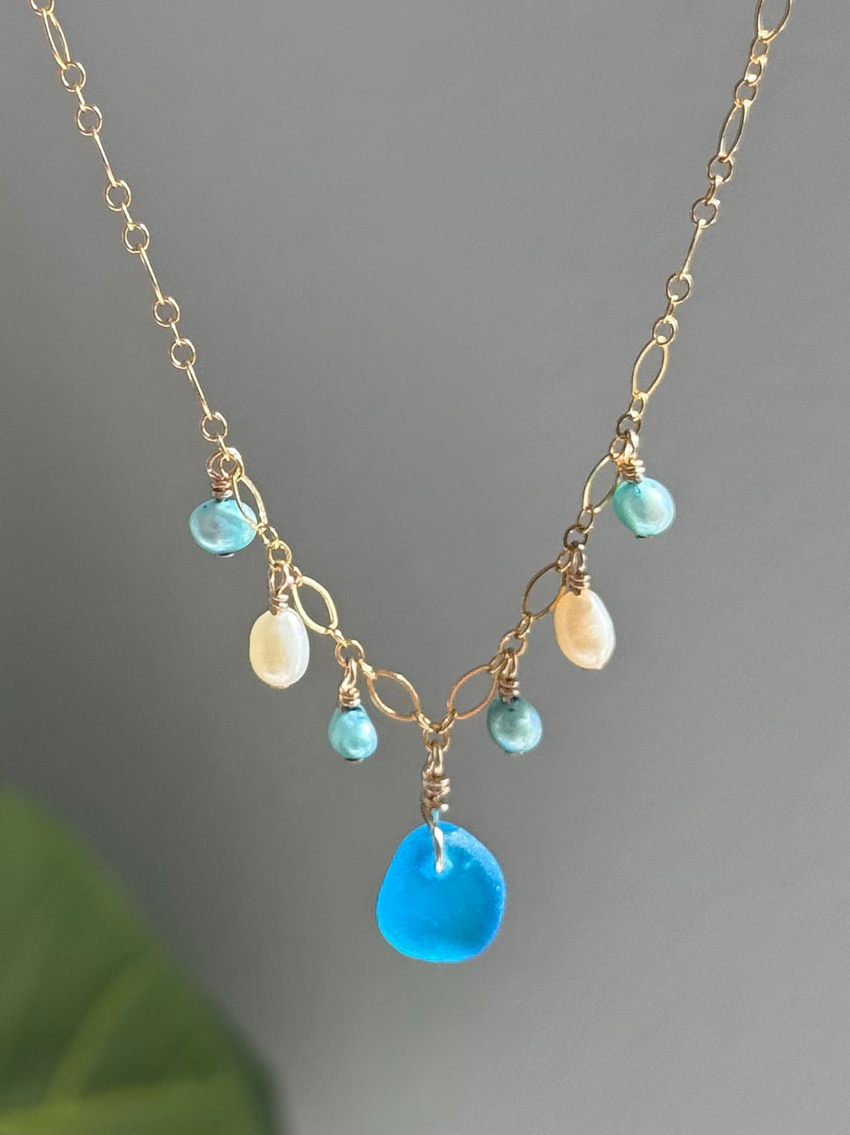 Gold Filled Fancy RARE Ocean Blue Sea Glass Pearl Necklace