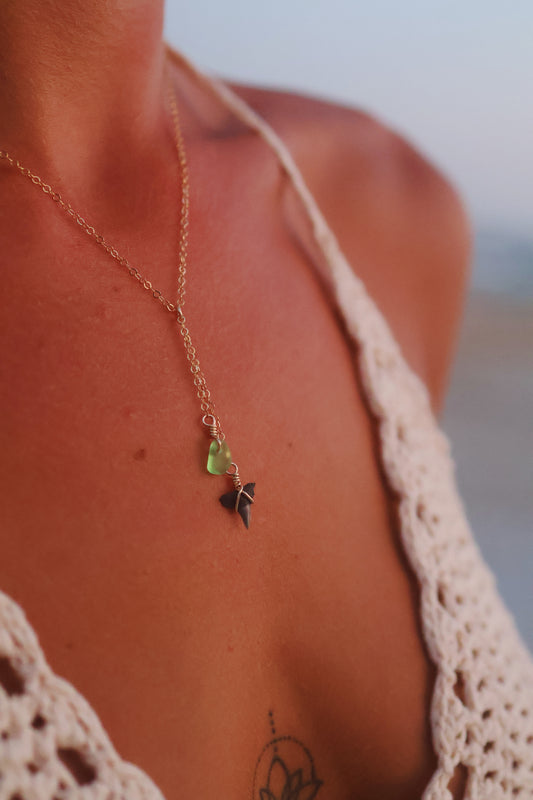 Gold Filled Shark Tooth & Green Sea Glass Drop Necklace