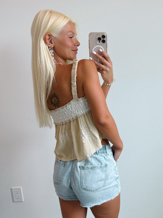 Beige & Crochet Ivory Palm Tree Flowy Tank Top