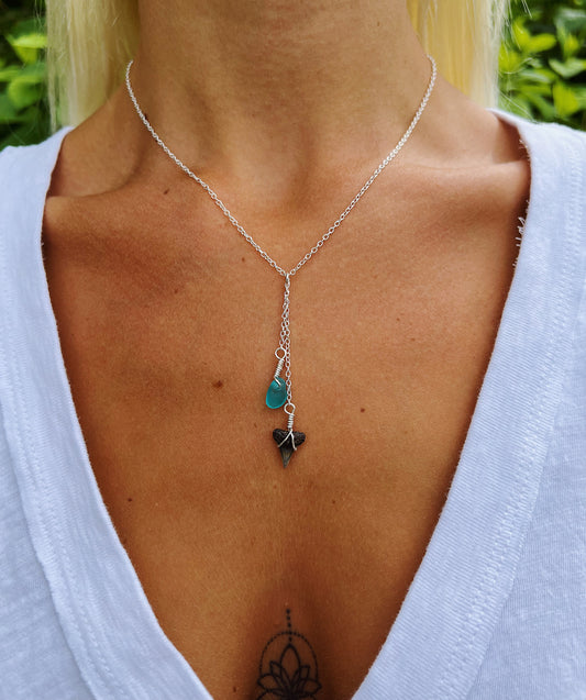 Shark Tooth & Blue Sea Glass Silver Drop Necklace