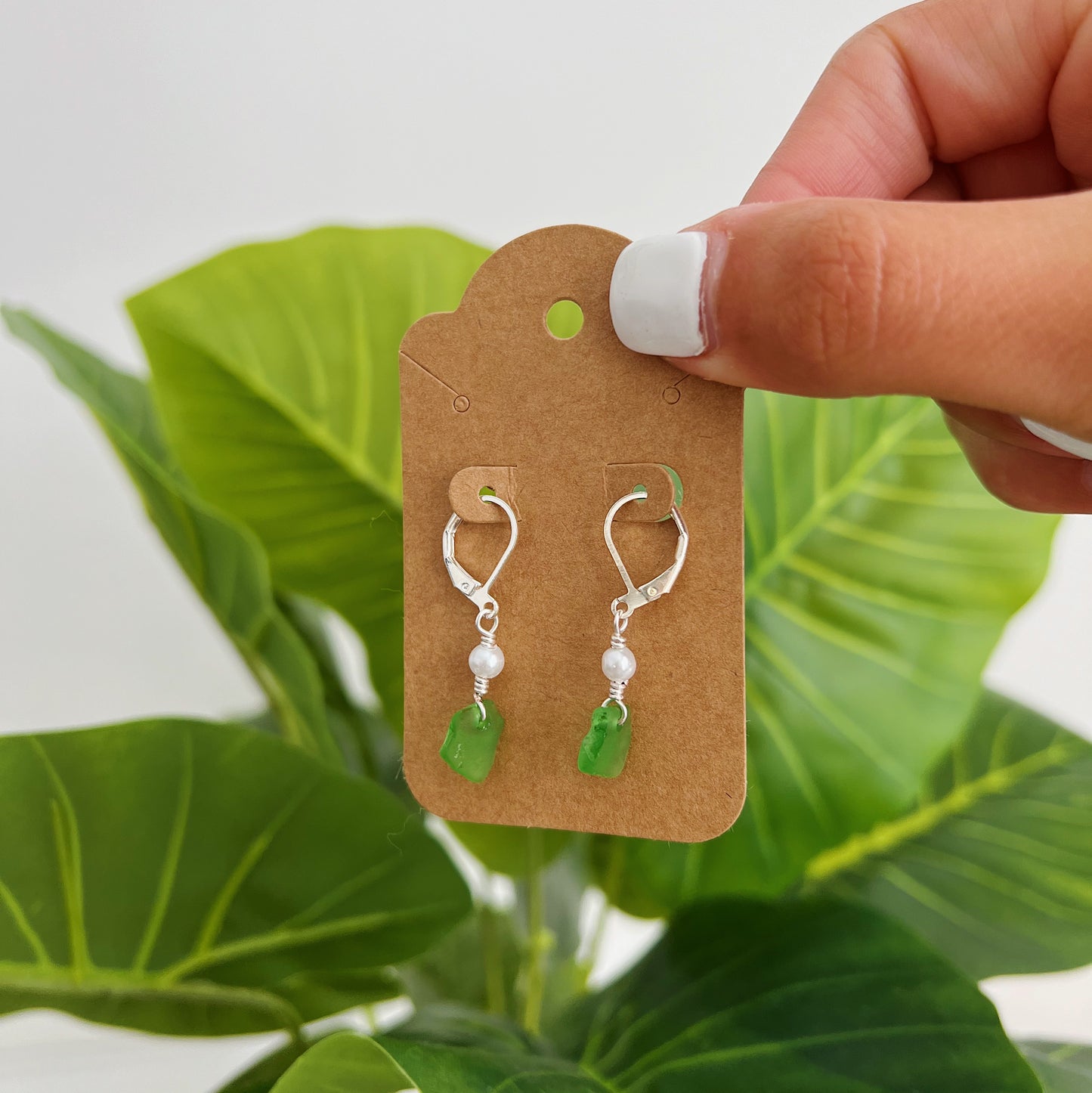 Silver Green Sea Glass Pearl Earrings