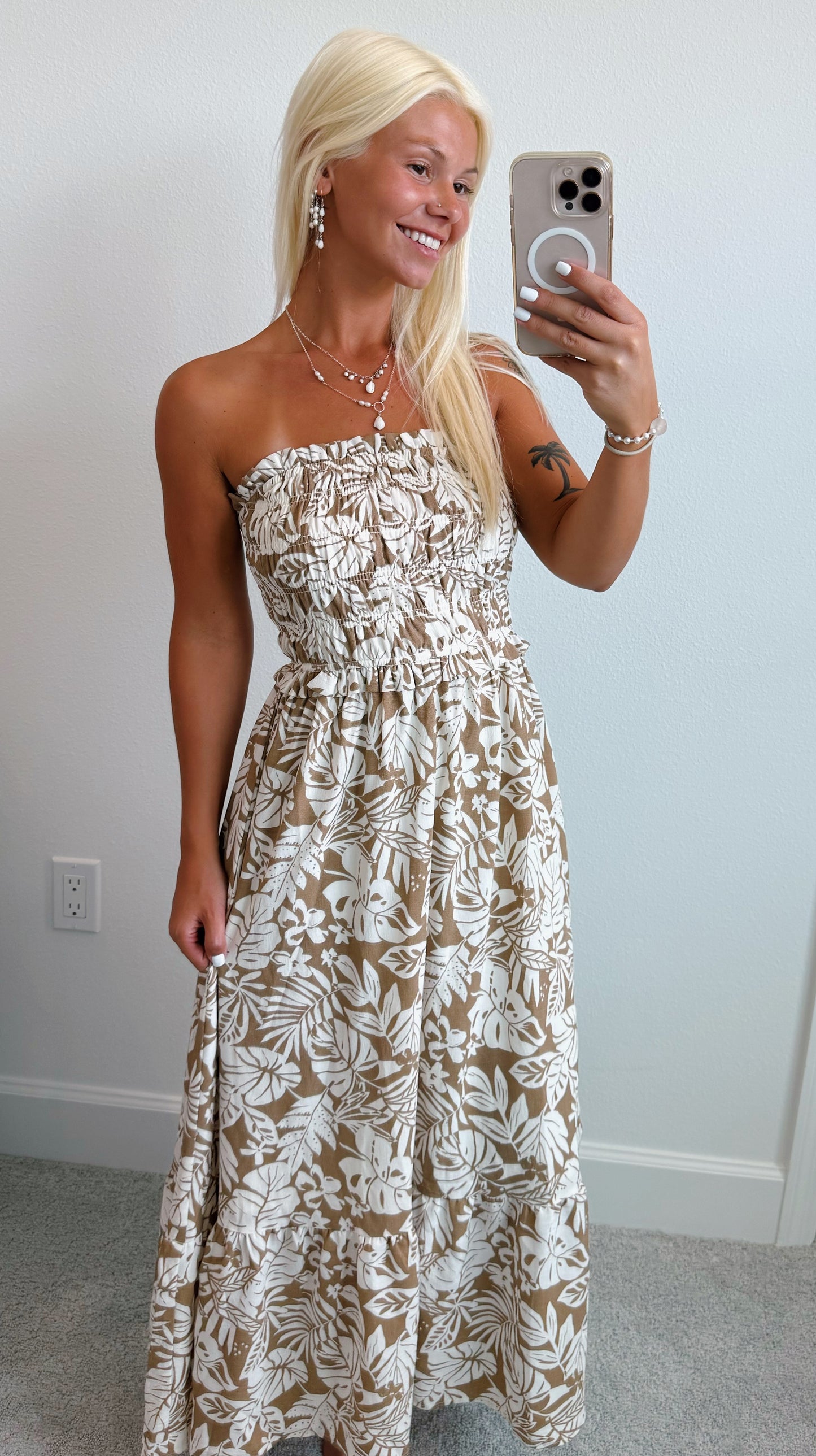 Brown Tropical Leaf Smocked Strapless Maxi Dress
