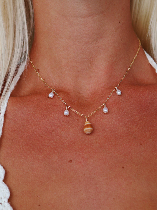 Gold Filled Orange Cone Shell & Baroque Pearl Multi Necklace