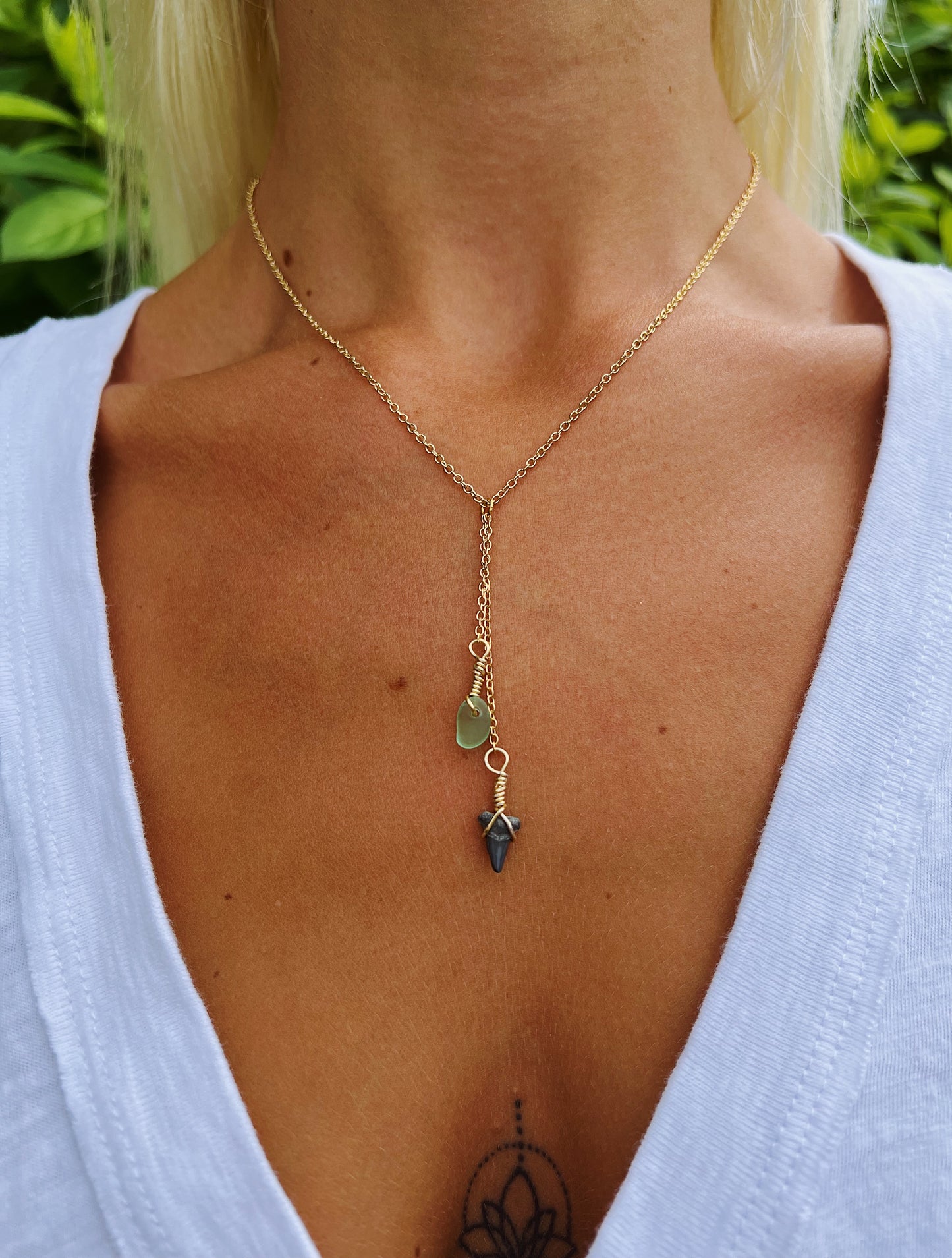 Shark Tooth & Green Sea Glass Gold Drop Necklace