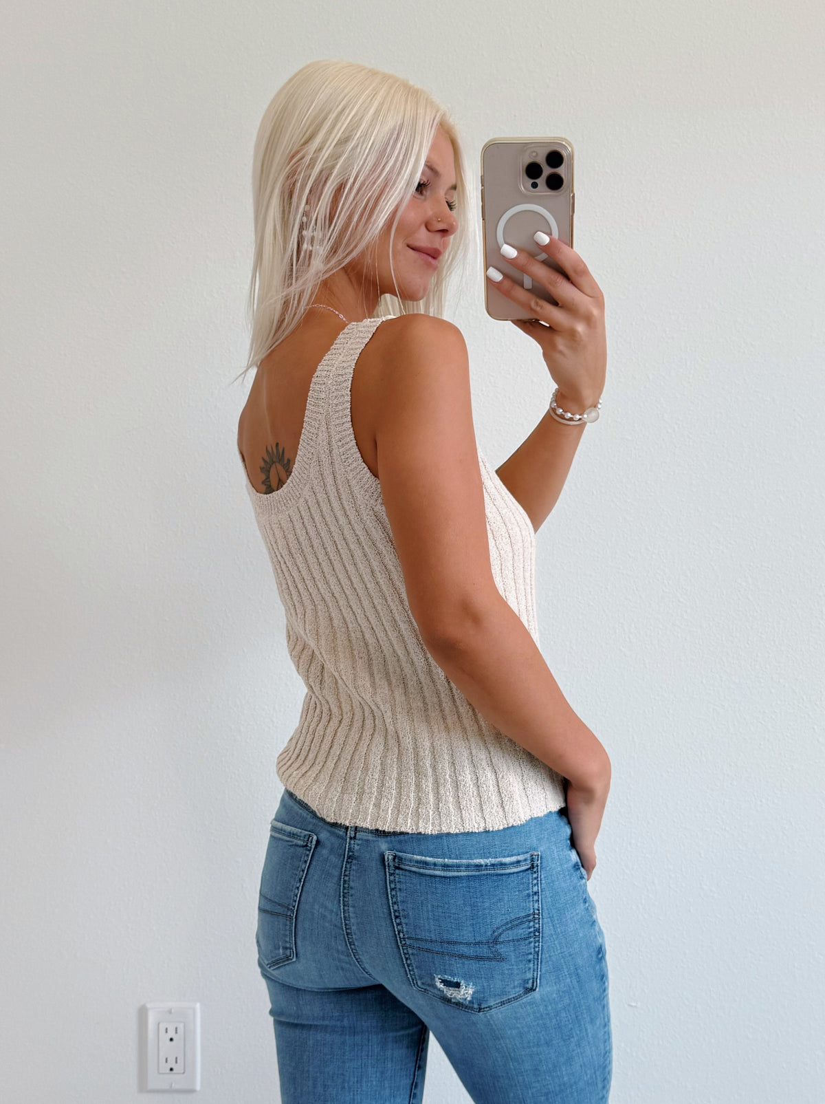 Rib Knit Cowrie Shell Trim Tank Top