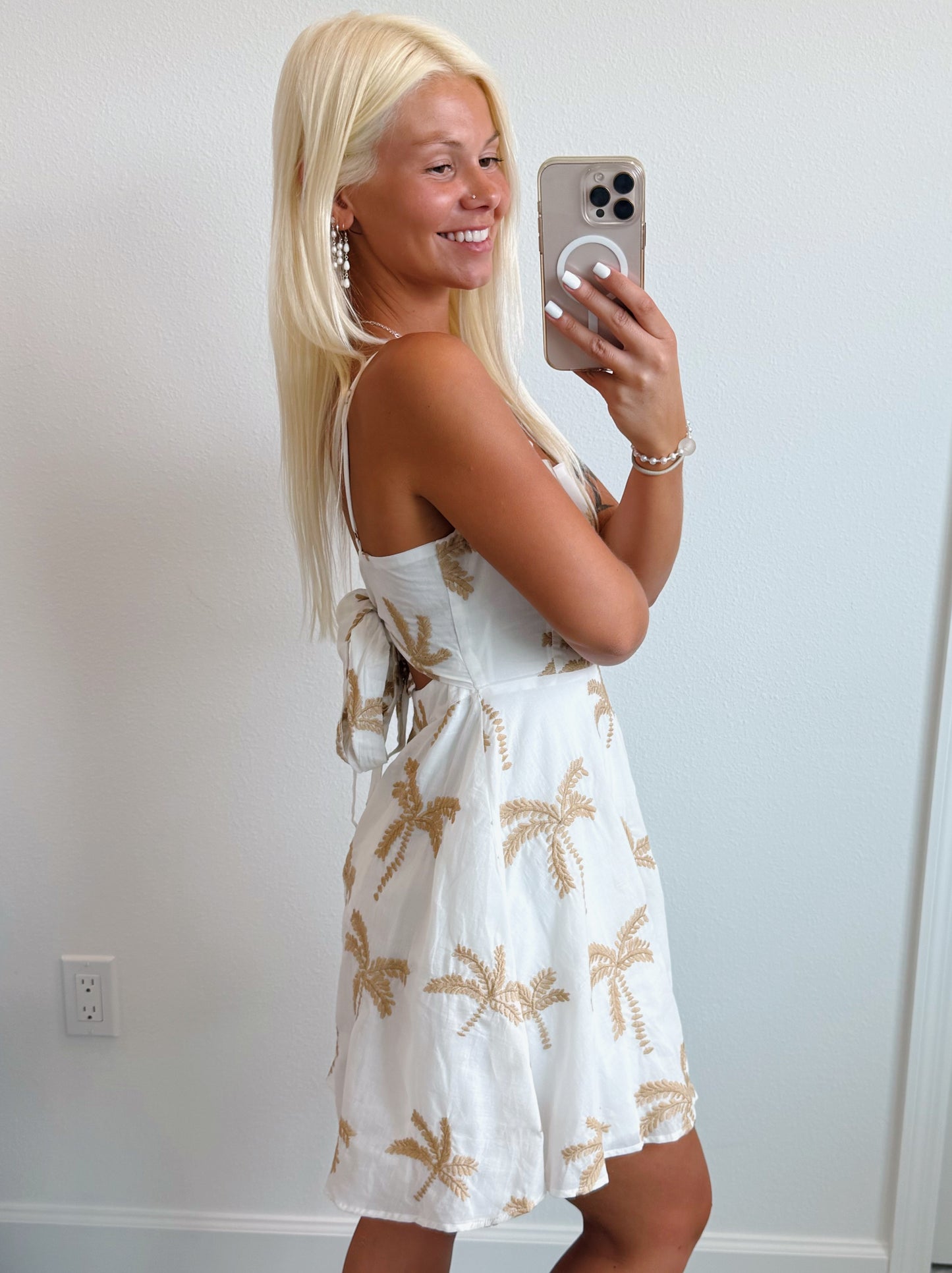 White & Tan Palm Tree Tie Back Dress
