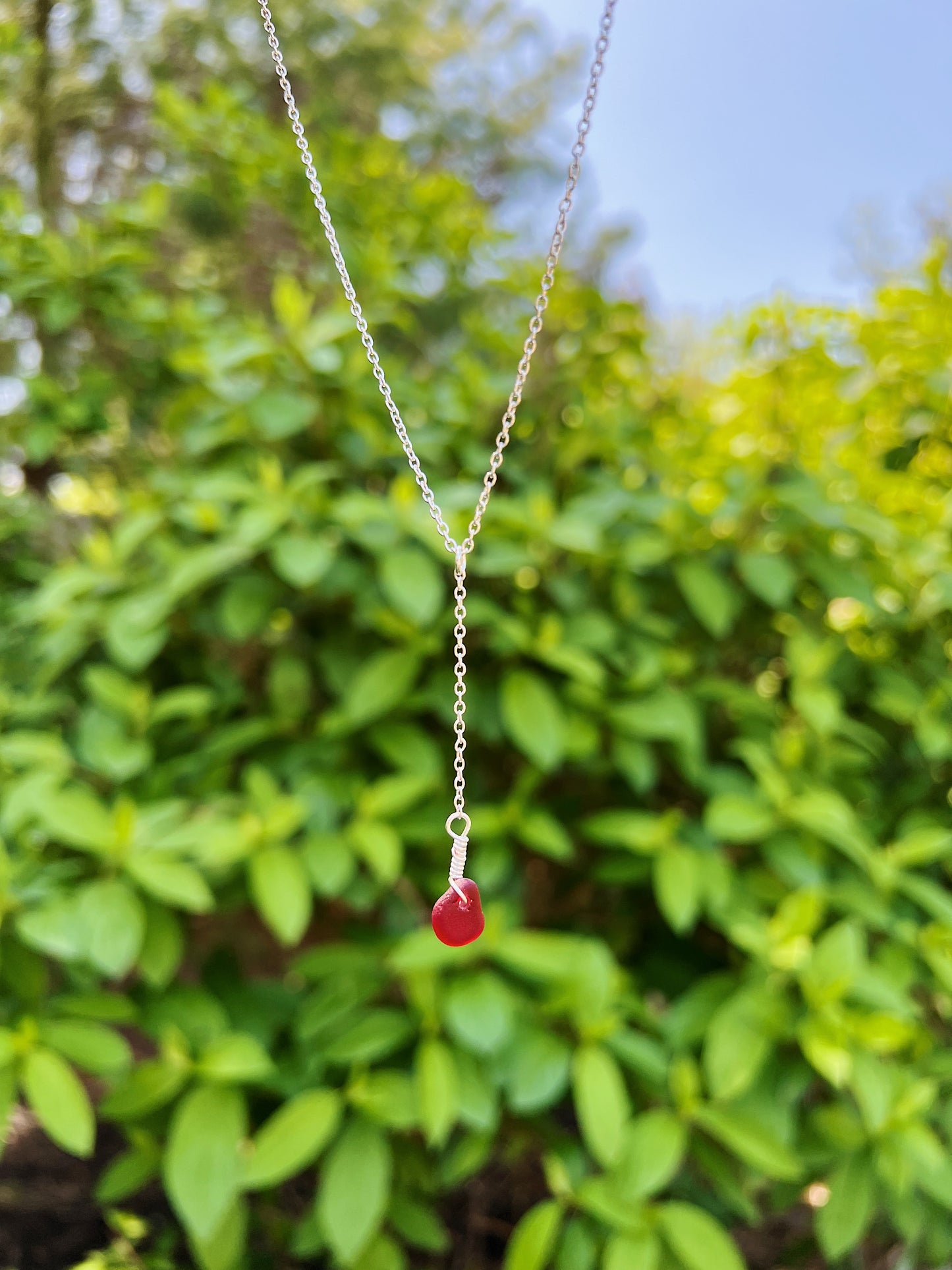 Cranberry Sea Glass Single Drop Necklace