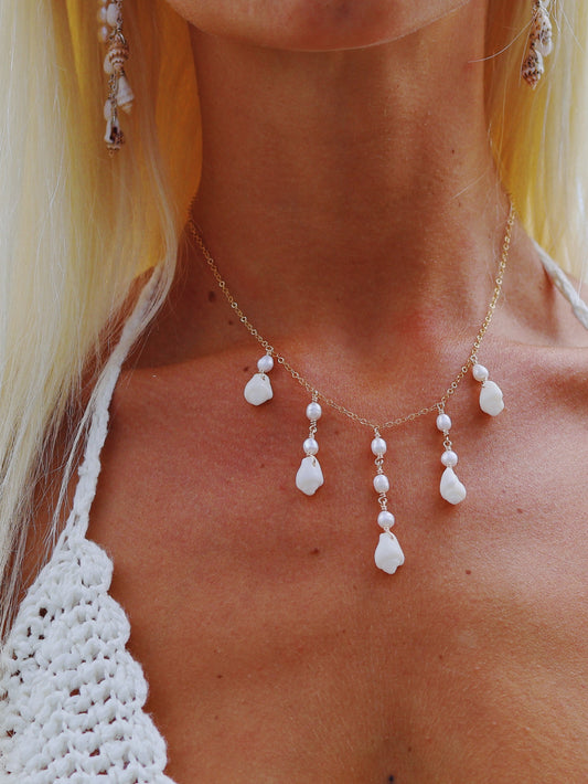 Gold Filled White Spiral Shell Dangle Drop Multi Necklace