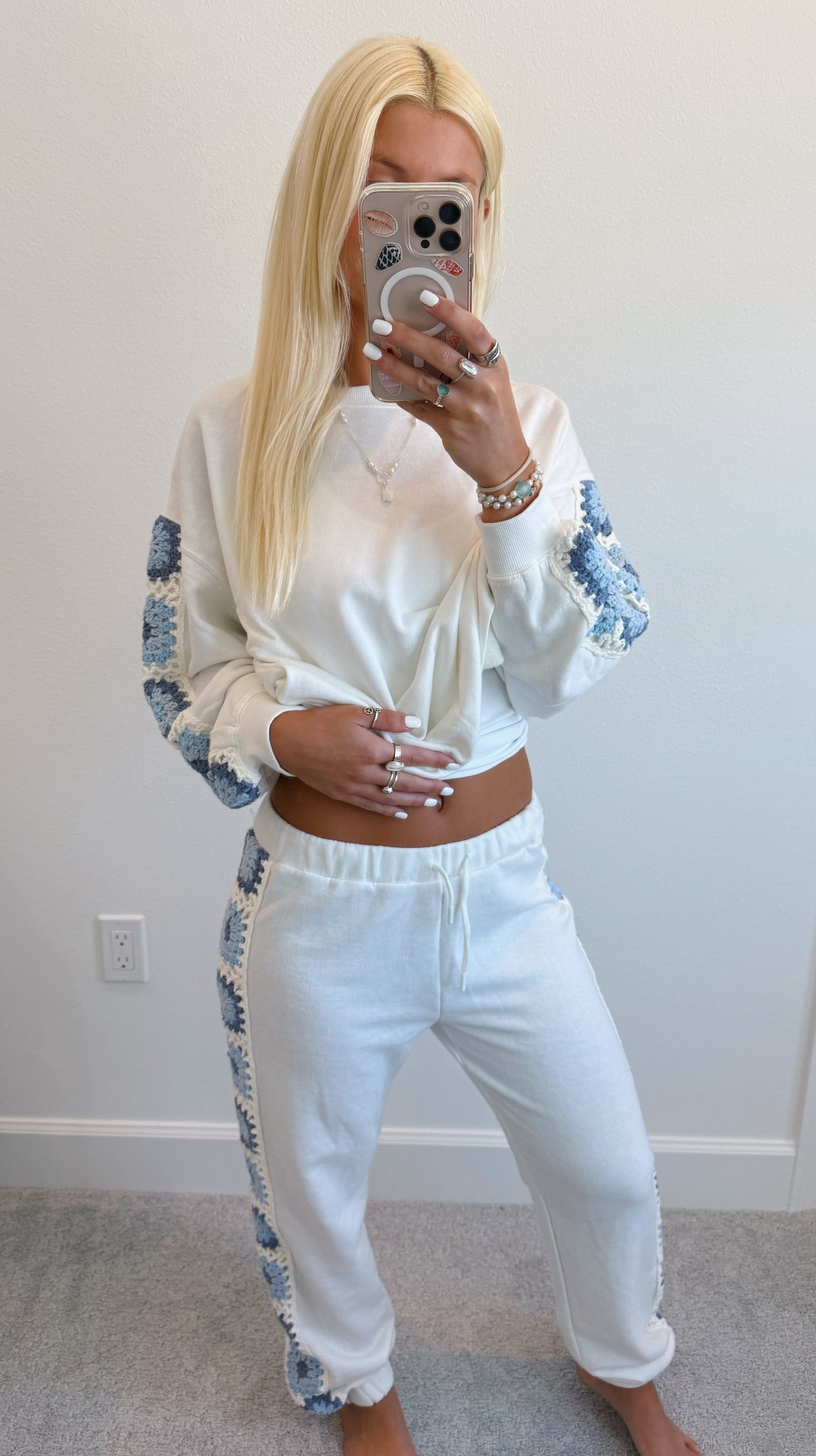 White & Blue Crochet Joggers