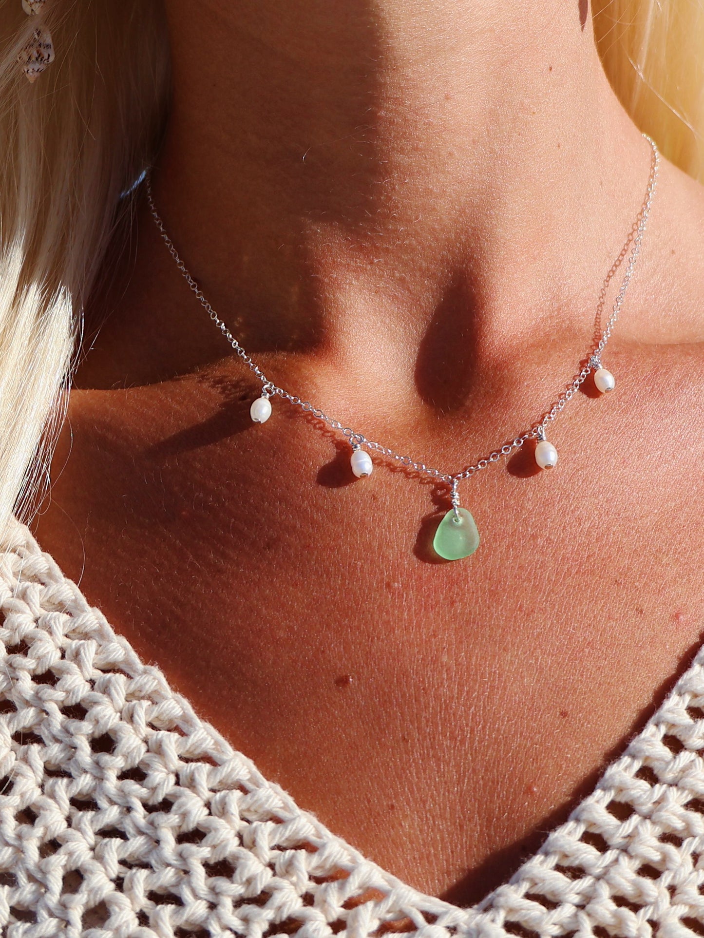 Sterling Silver Green Sea Glass & Baroque Pearl Multi Necklace