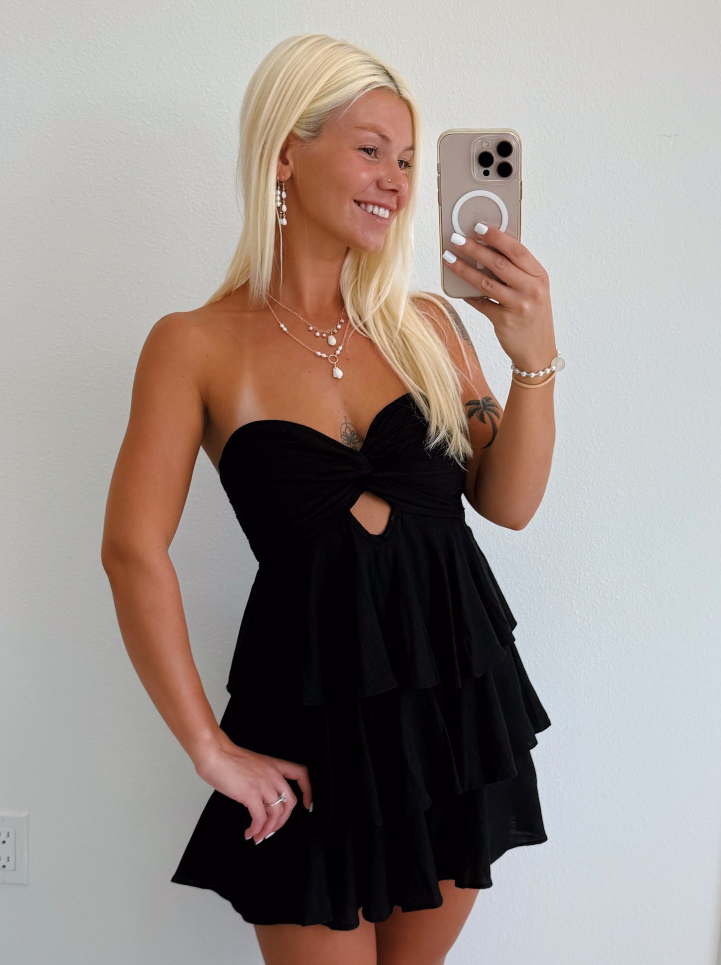 Black Strapless Babydoll Ruffle Layered Romper Dress
