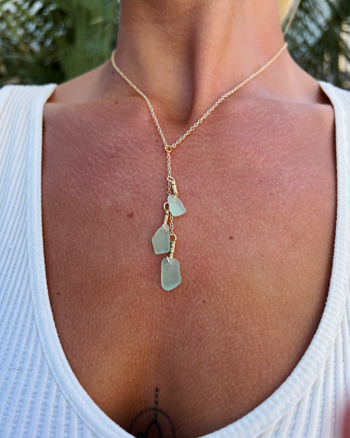 Mint Sea Glass Gold Drop Necklace