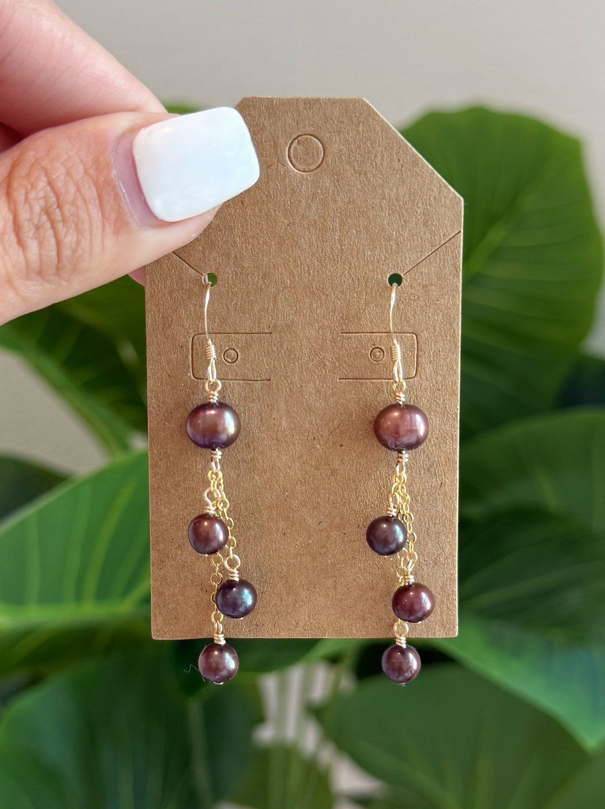 Gold Filled Brown Pearl Triple Drop Earrings