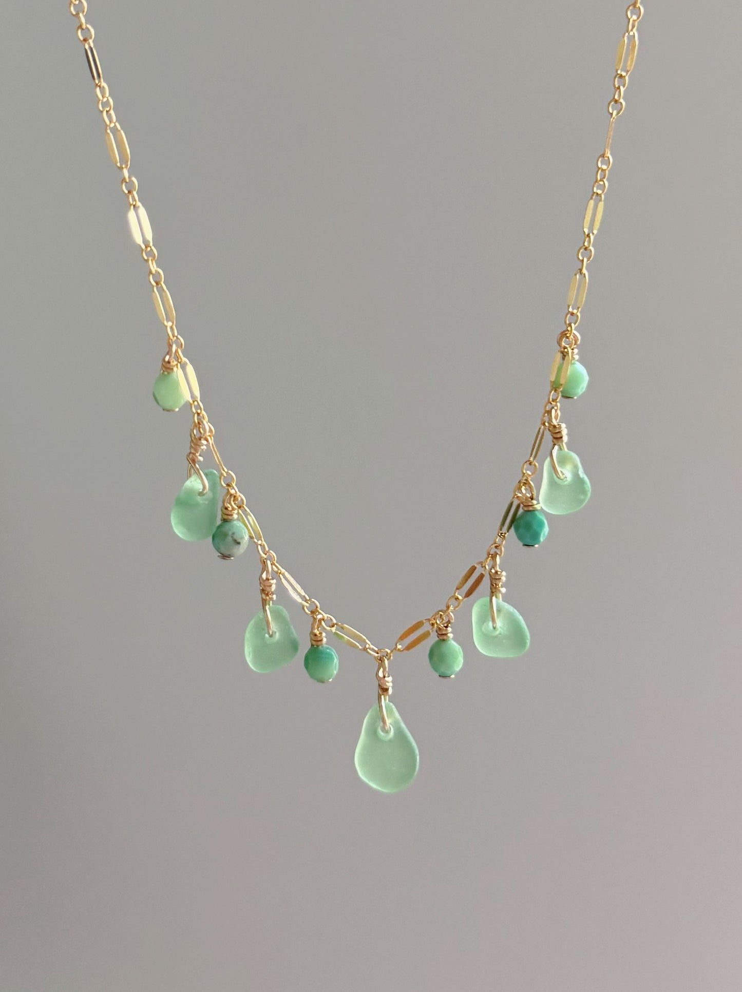 Gold Filled Light Green Sea Glass Gemstone Multi Sparkle Necklace
