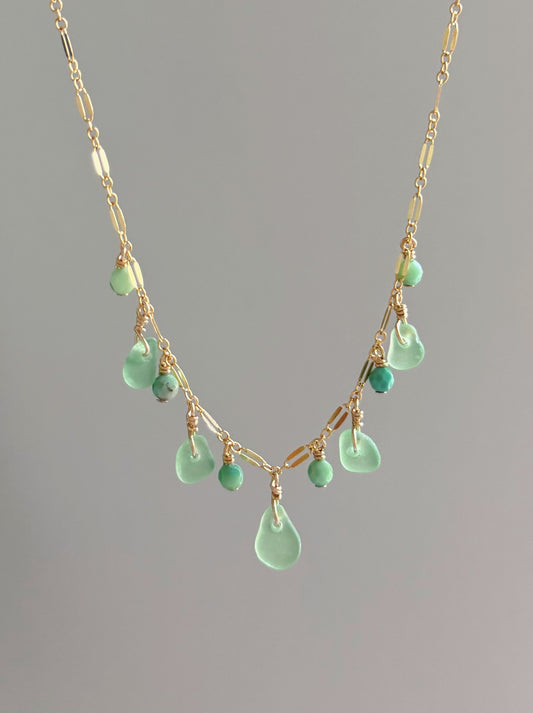 Gold Filled Light Green Sea Glass Gemstone Multi Sparkle Necklace