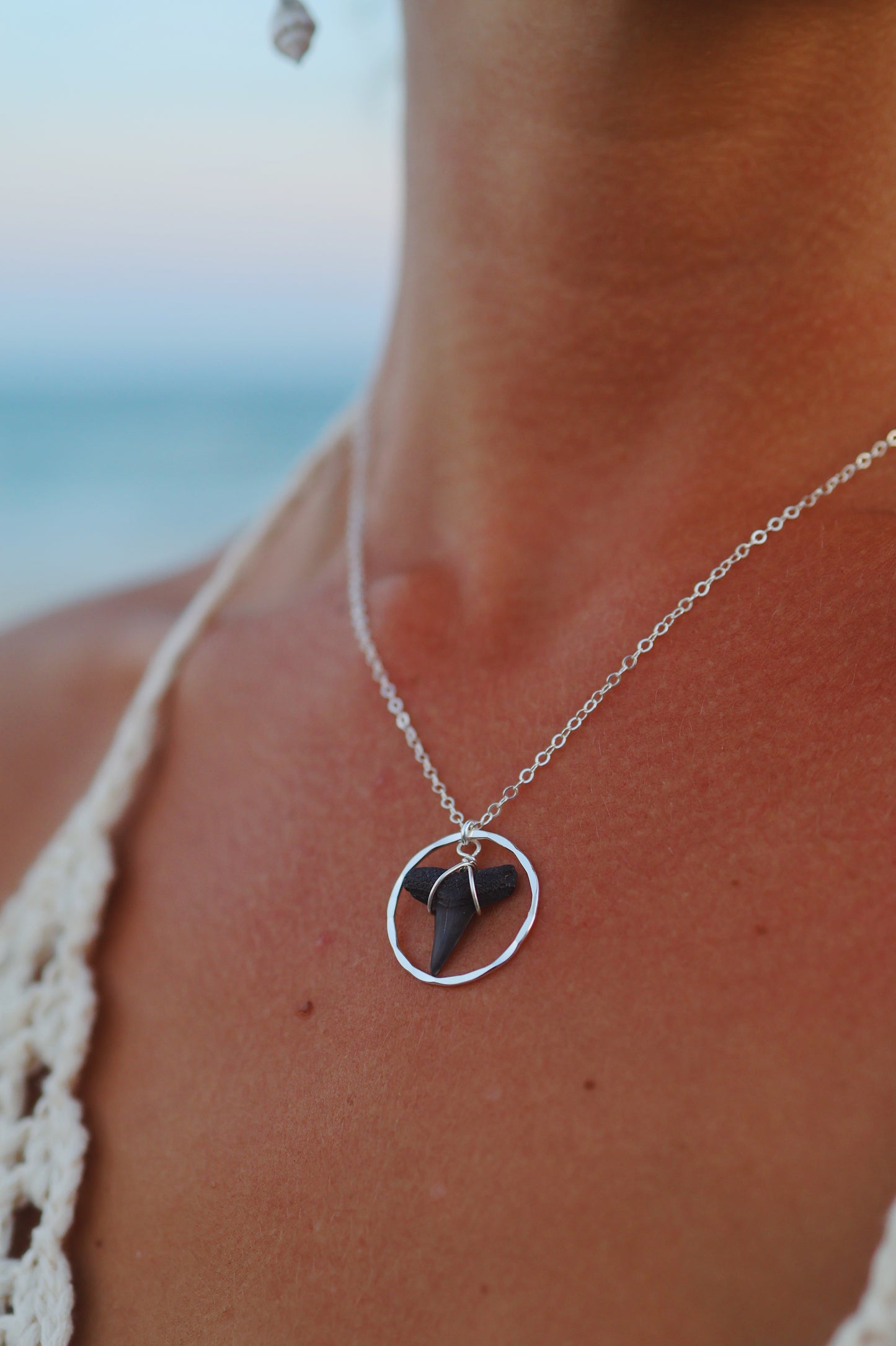 Sterling Silver Shark Tooth Shiny Hammered Circle Necklace