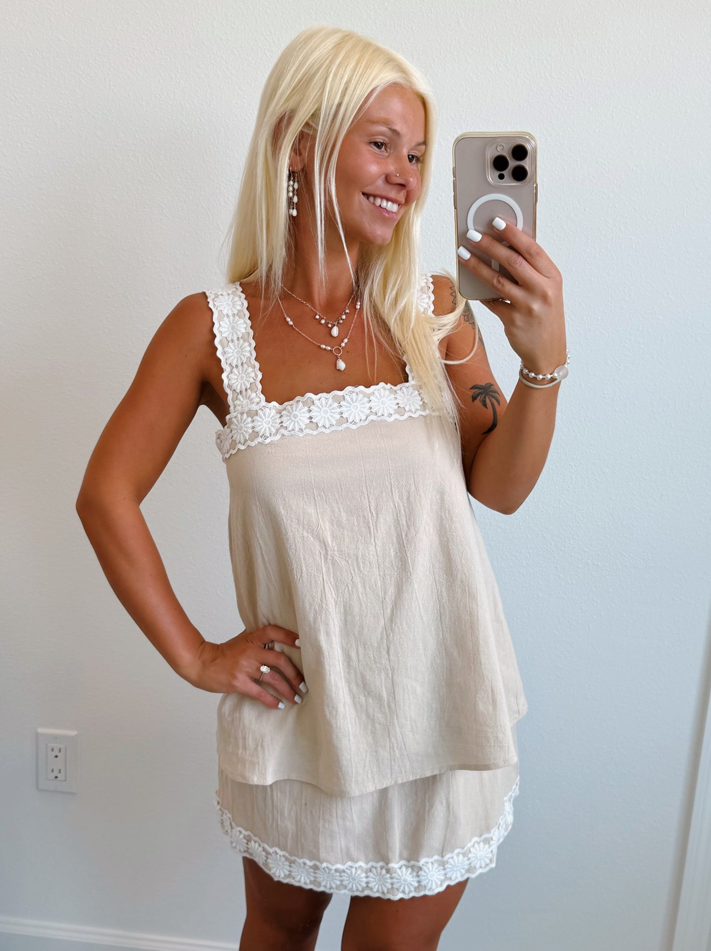 Tan Crochet Flower Trim Dress