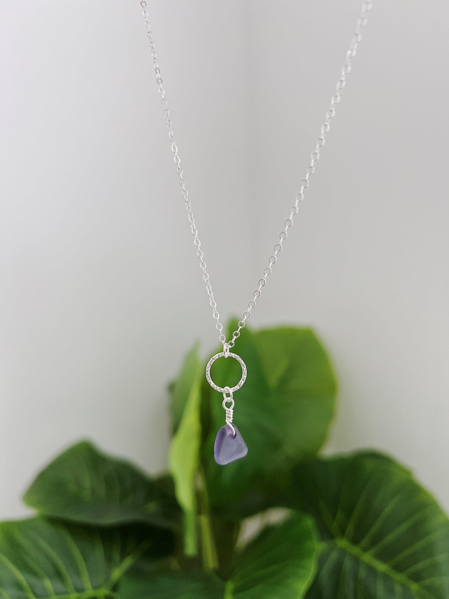 Sterling Silver Purple Sea Glass Hammered Circle Necklace