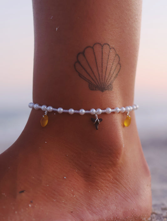 Silver Pearl Shark Tooth & Yellow Sea Glass Anklet