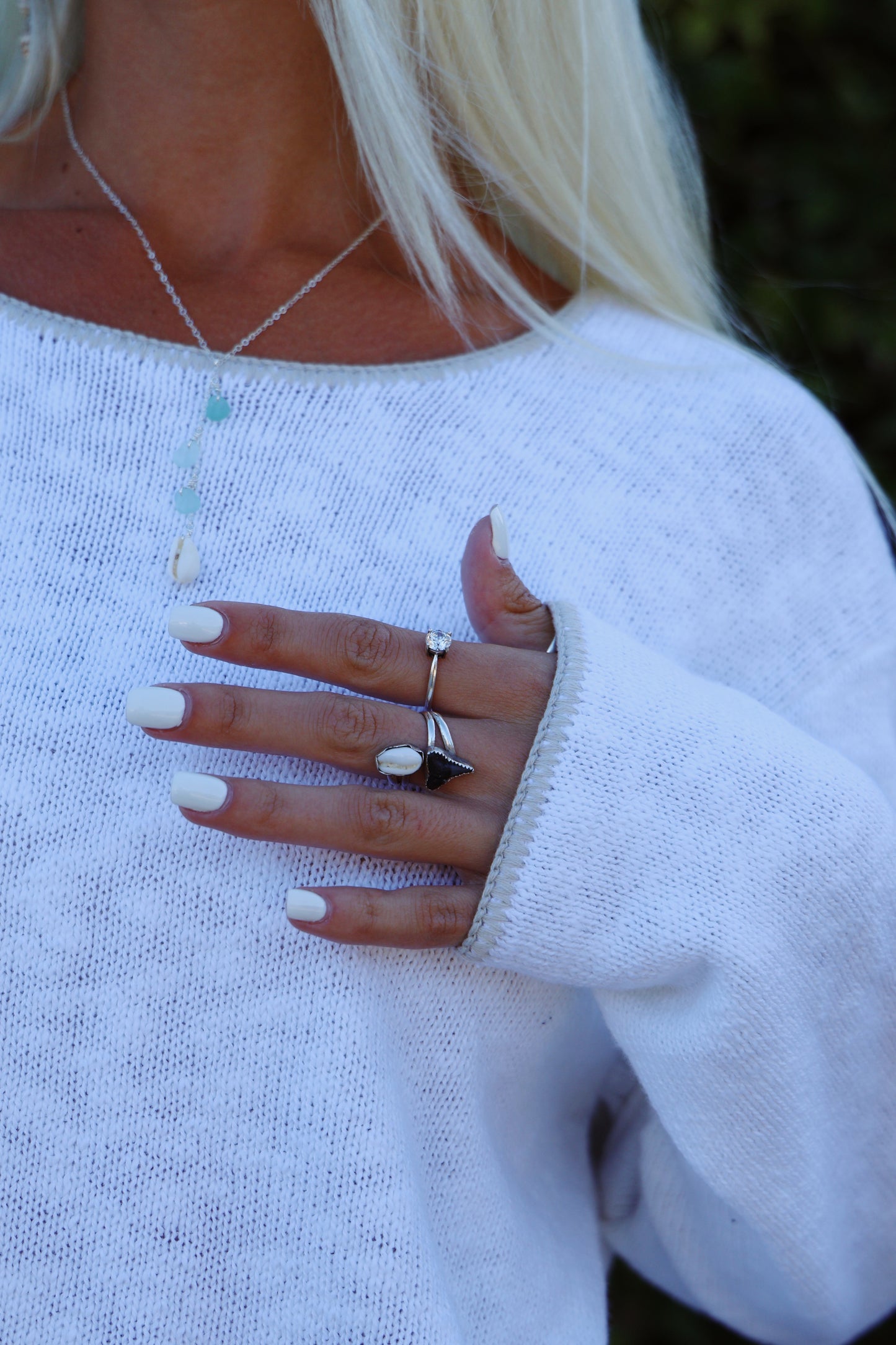 White & Desert Contrast Stitch Scoop Neck Sweater