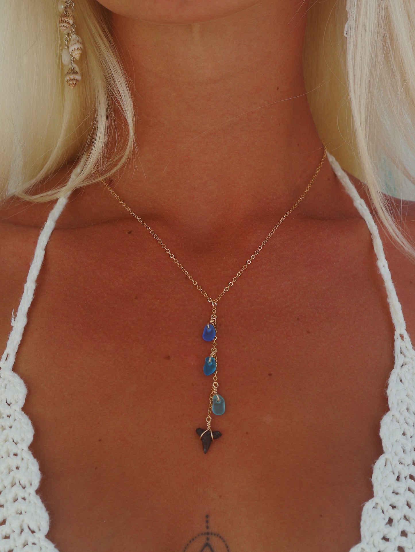 Gold Filled Mix Blue Sea Glass & Shark Tooth Drop Necklace
