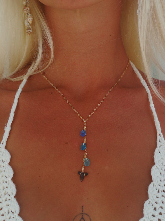 Gold Filled Mix Blue Sea Glass & Shark Tooth Drop Necklace