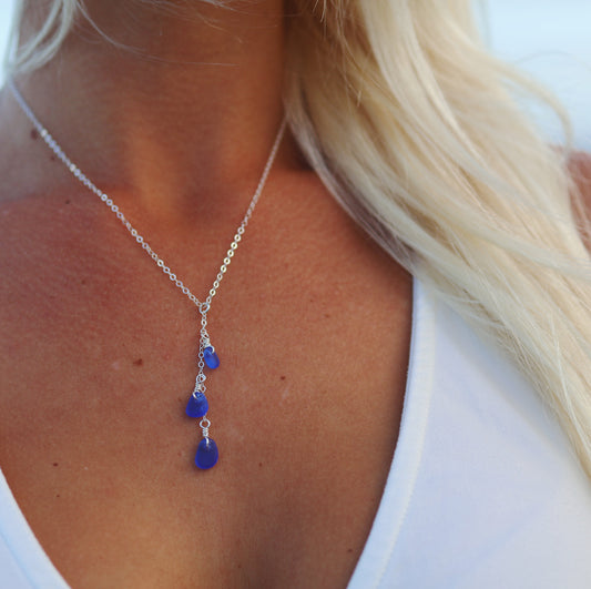 Sterling Silver Royal Blue Sea Glass Drop Necklace