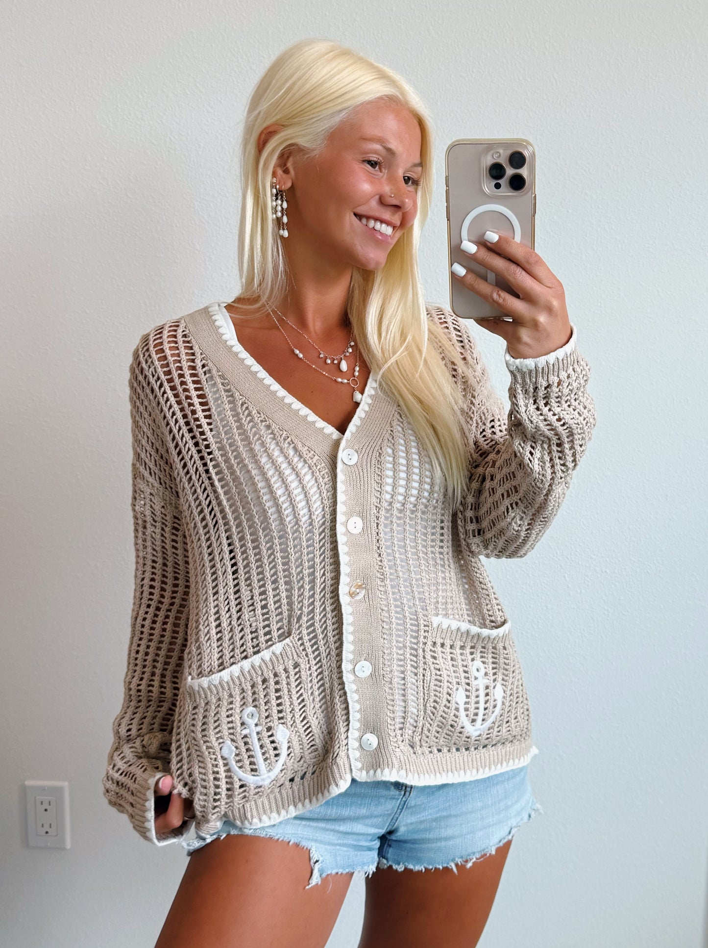 Neutral Coastal Anchor Lightweight Knit Cardigan