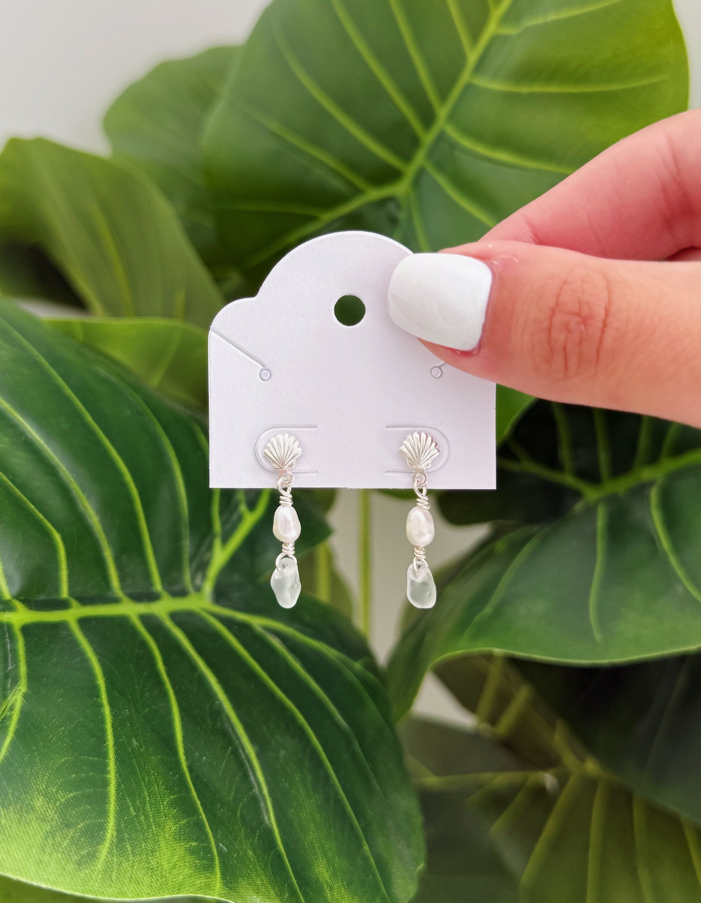 Sterling Silver Clear Sea Glass Shell Studs