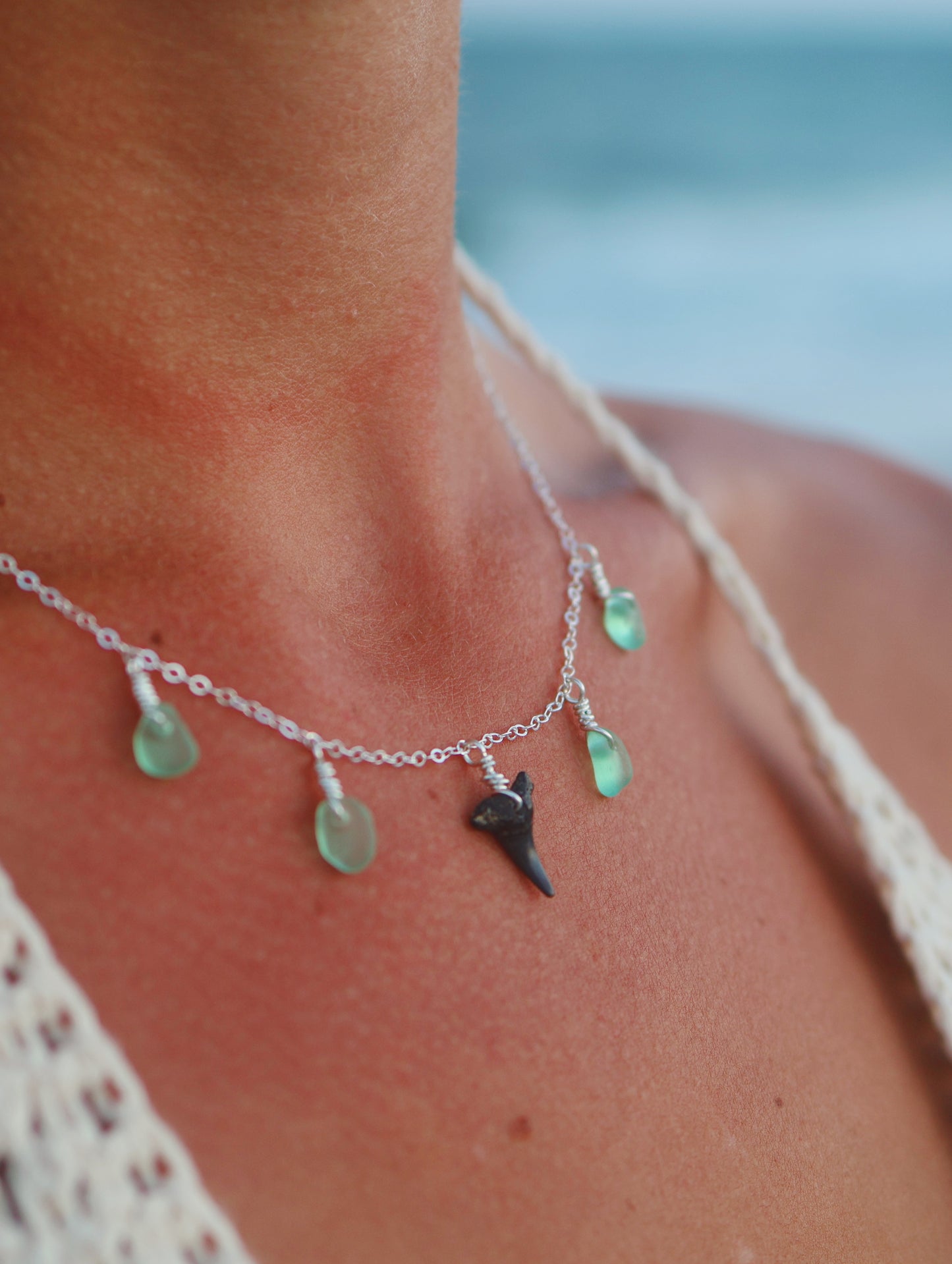 Sterling Silver Shark Tooth & Green Sea Glass Multi Necklace