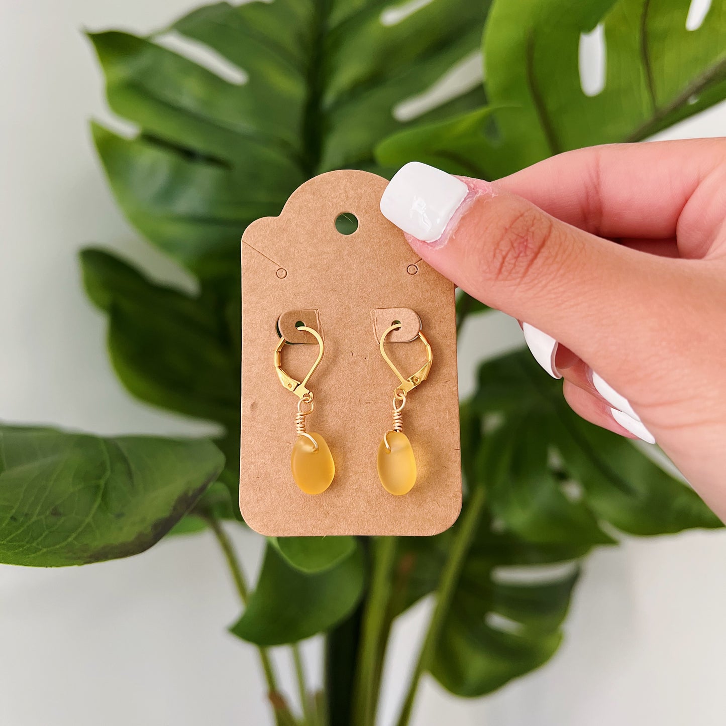 Gold Yellow Sea Glass Earrings