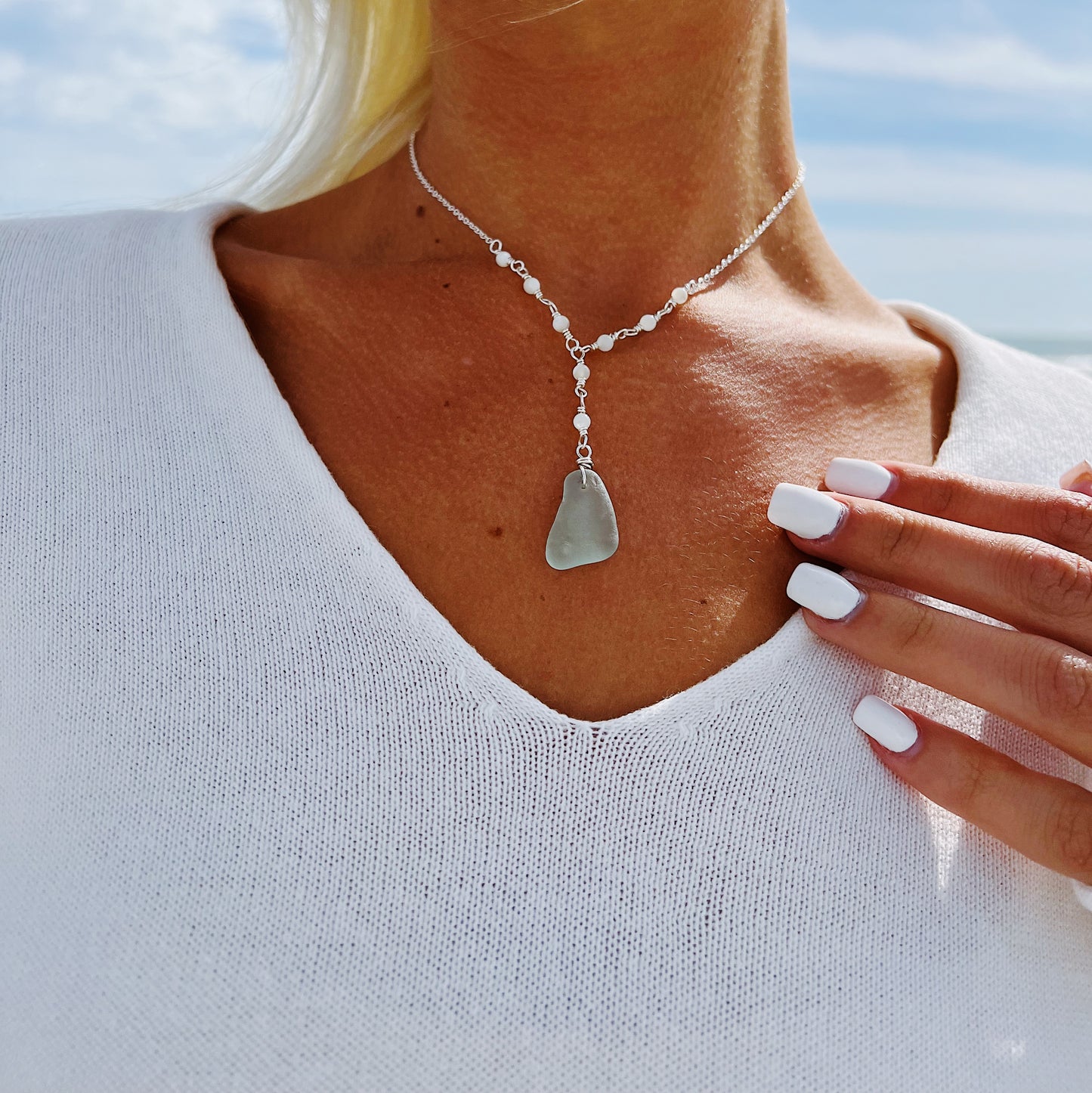 Light Blue Sea Glass & Moonstone Necklace