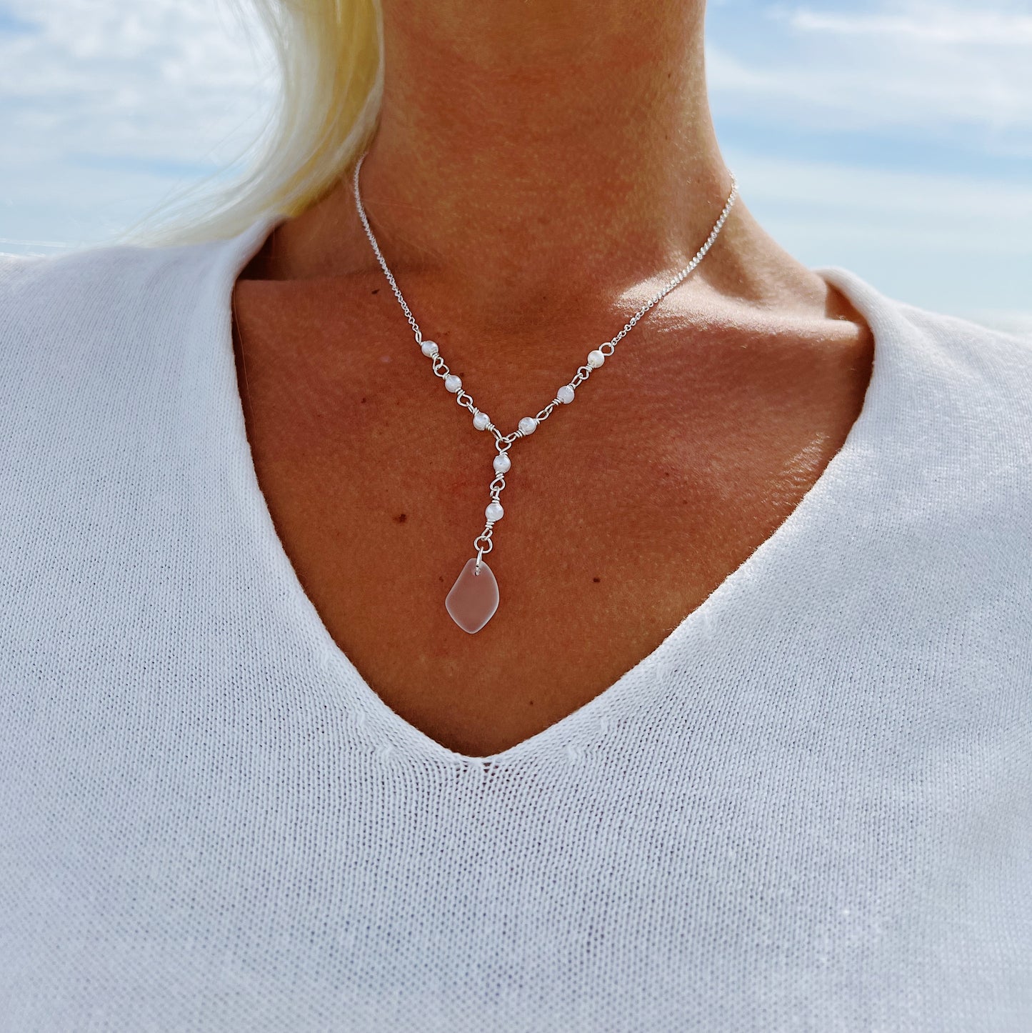 Clear Sea Glass Pearl Drop Necklace